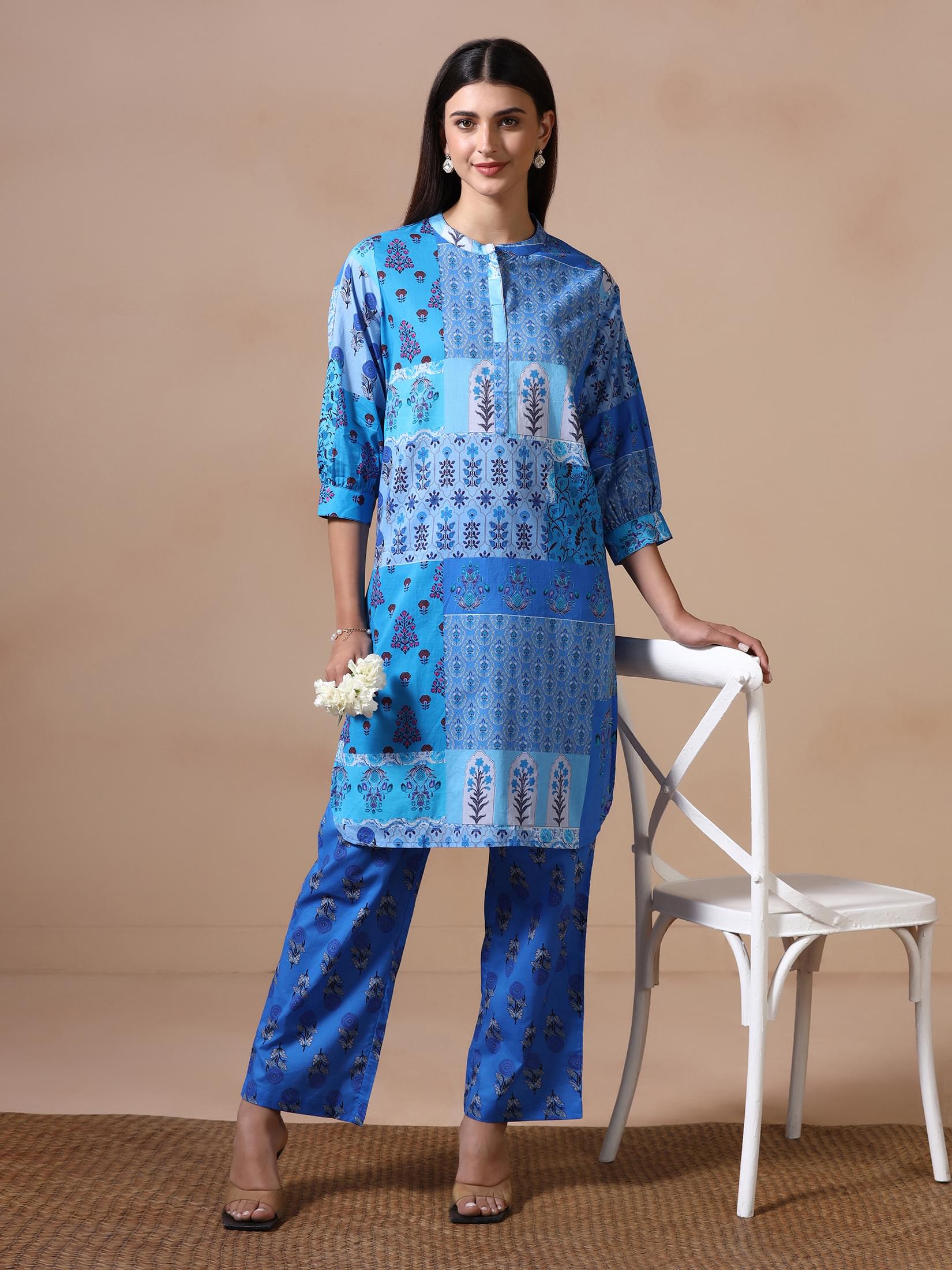 Ocean blue printed cotton regular fit casual wear kurta pant set