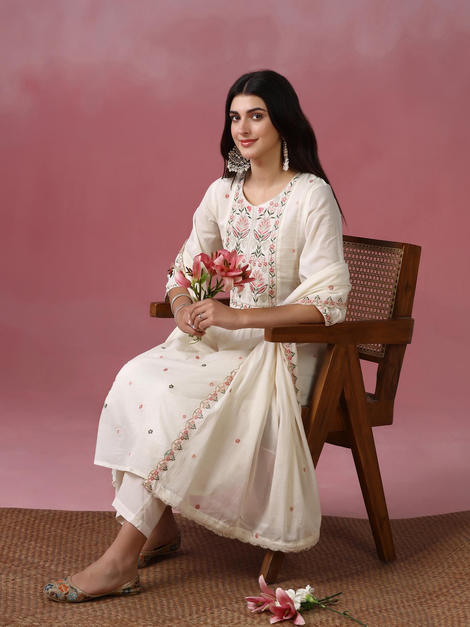 Minimalist off white embroidered cotton voile comfort trousers dupatta set
