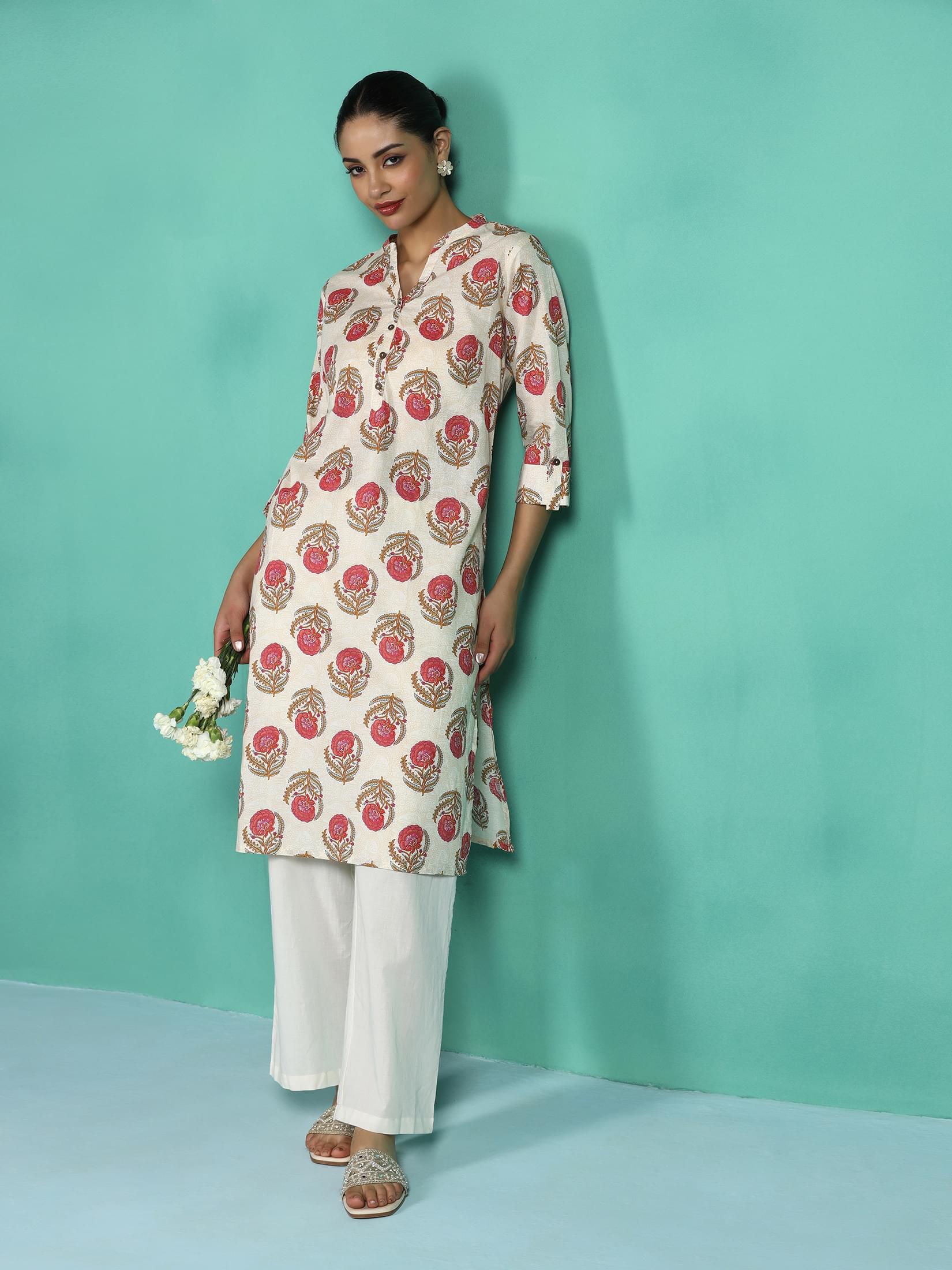 Off white and pink floral motif printed breathable cotton kurta
