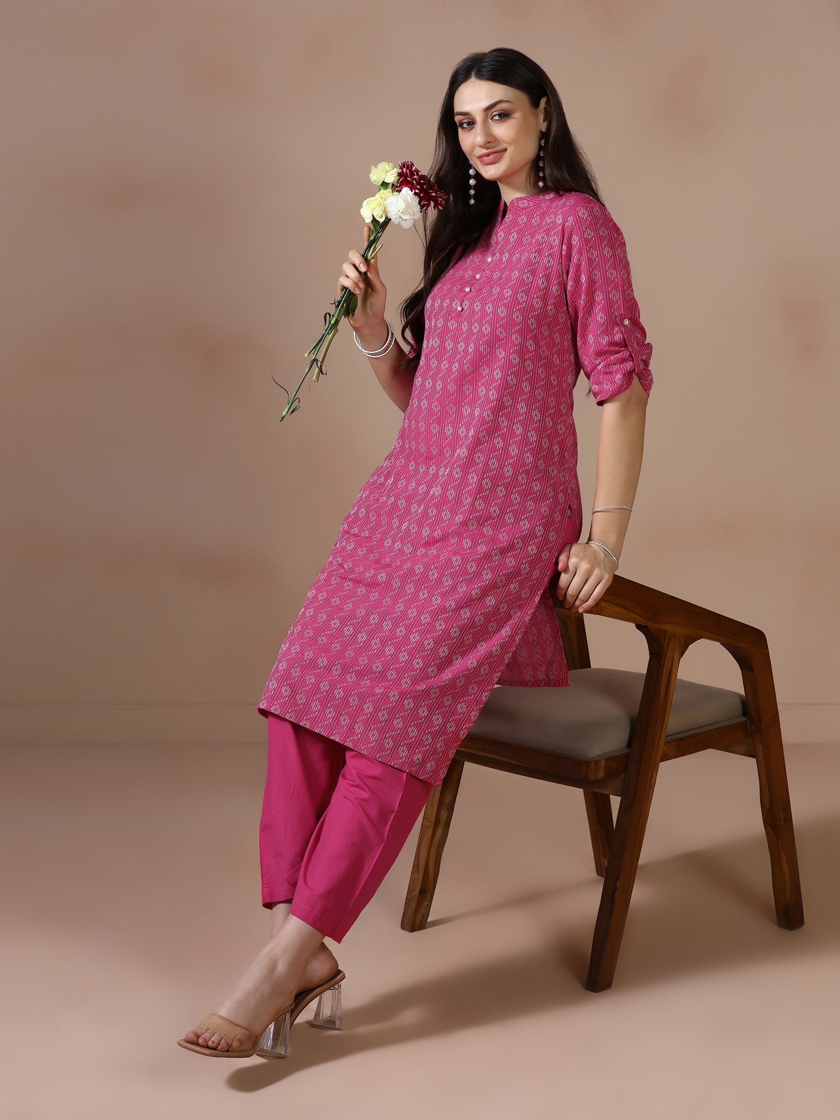 Pastel pink yarn dyed poly cotton regular fit kurta comfort pant set byshree