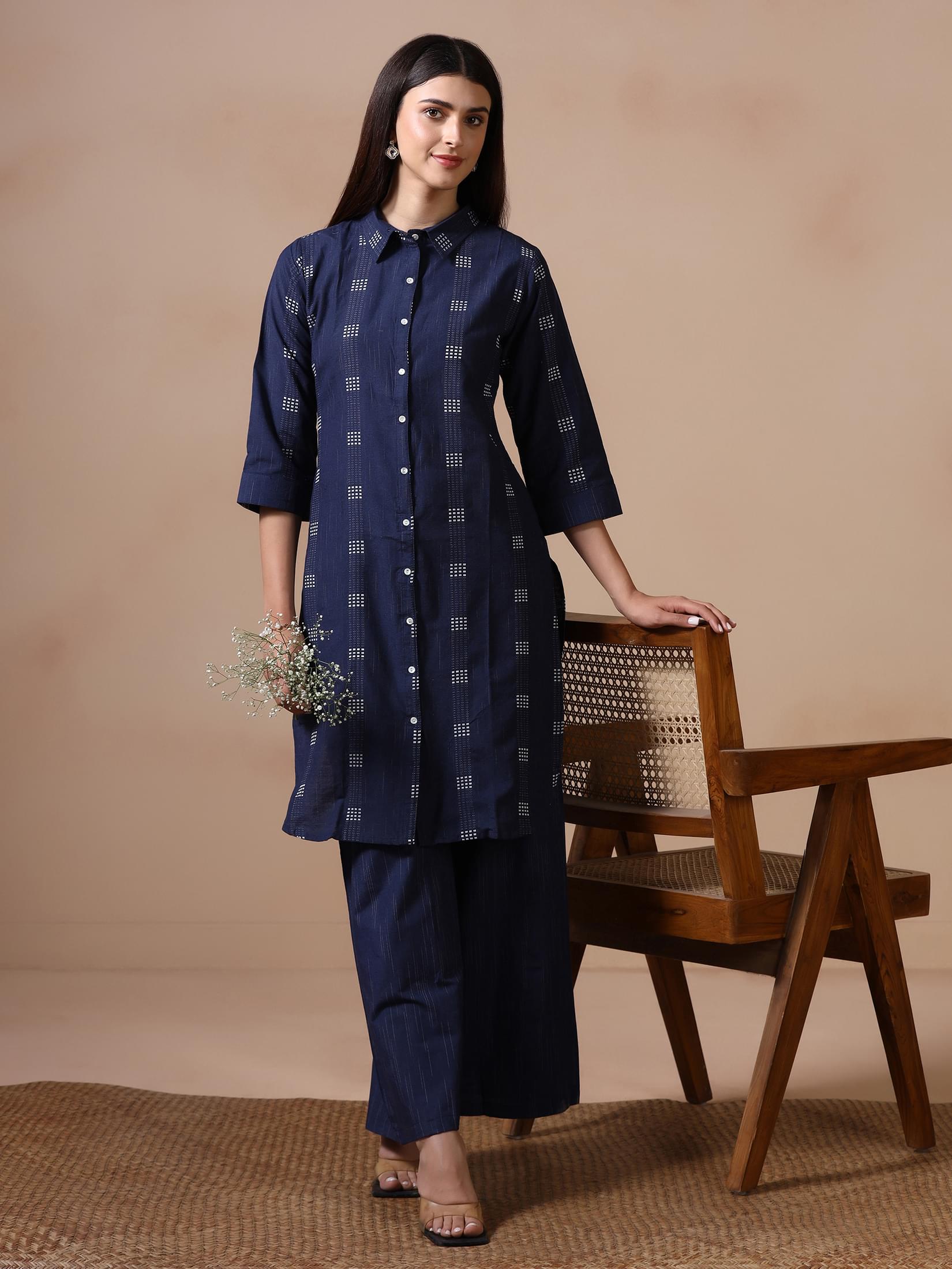Navy blue yarn dyed poly cotton comfort kurta with trendy wide leg pants