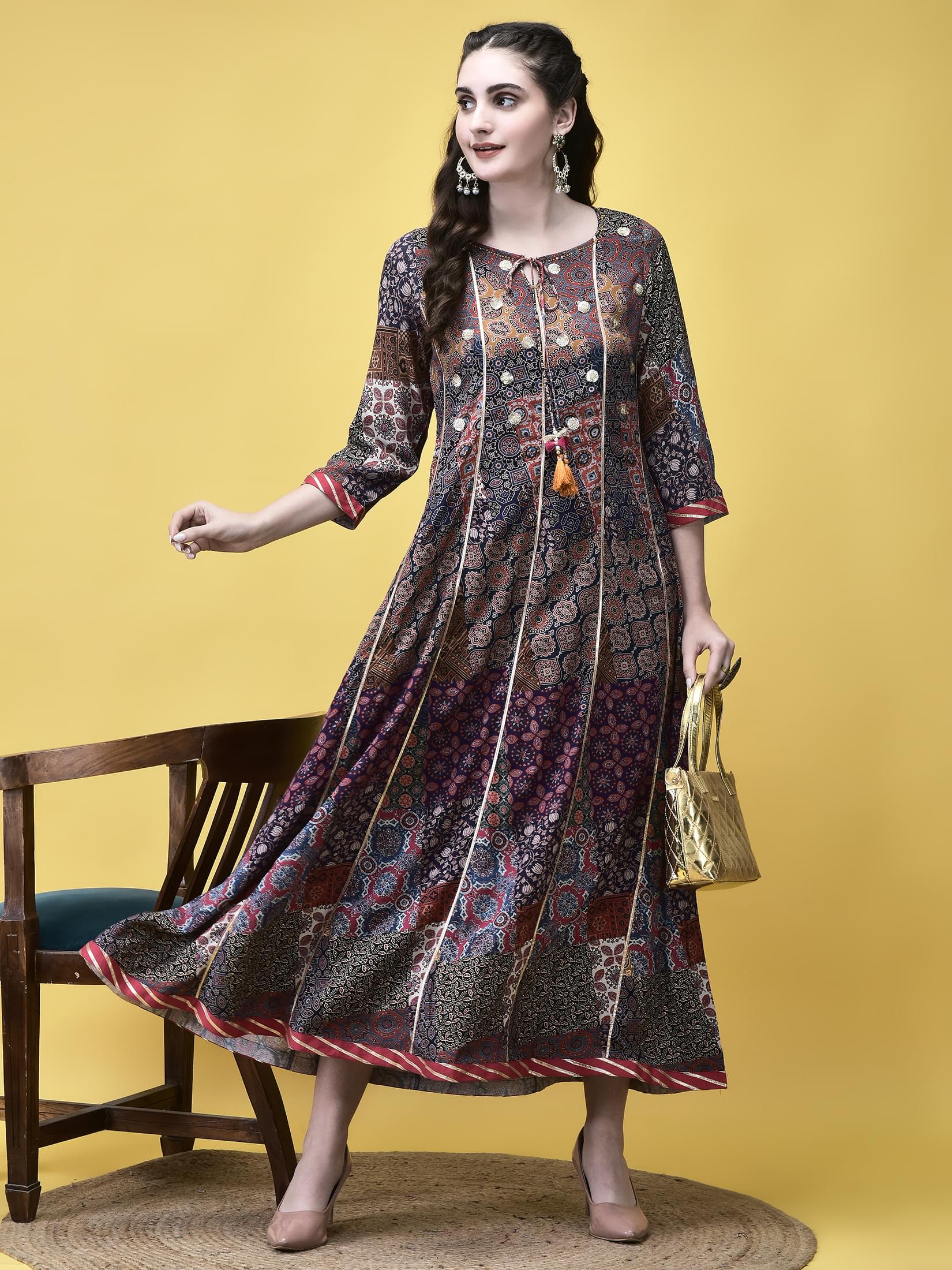 Multicolor vibrant Ajrakh block print Liva fabric heritage ethnic dress byshree