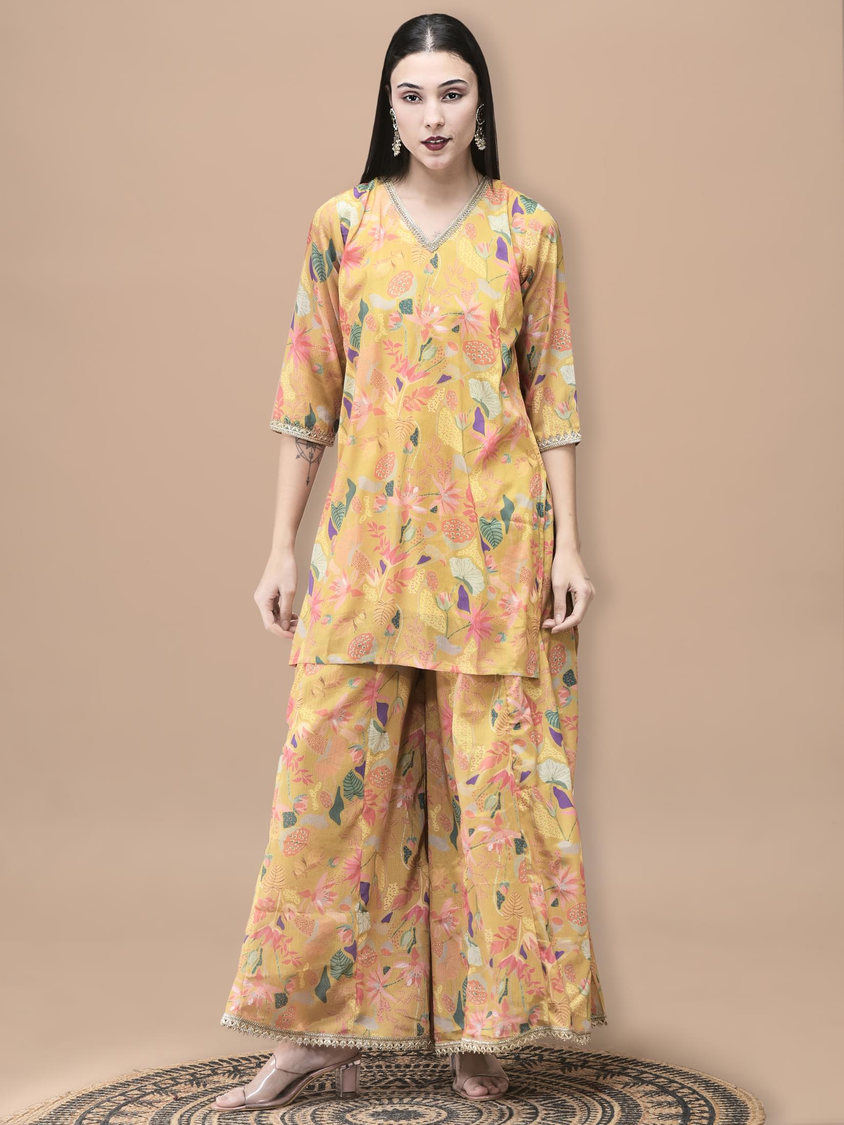 Women Chinon Mustard Floral Print Kurta Split Pant Dupatta.