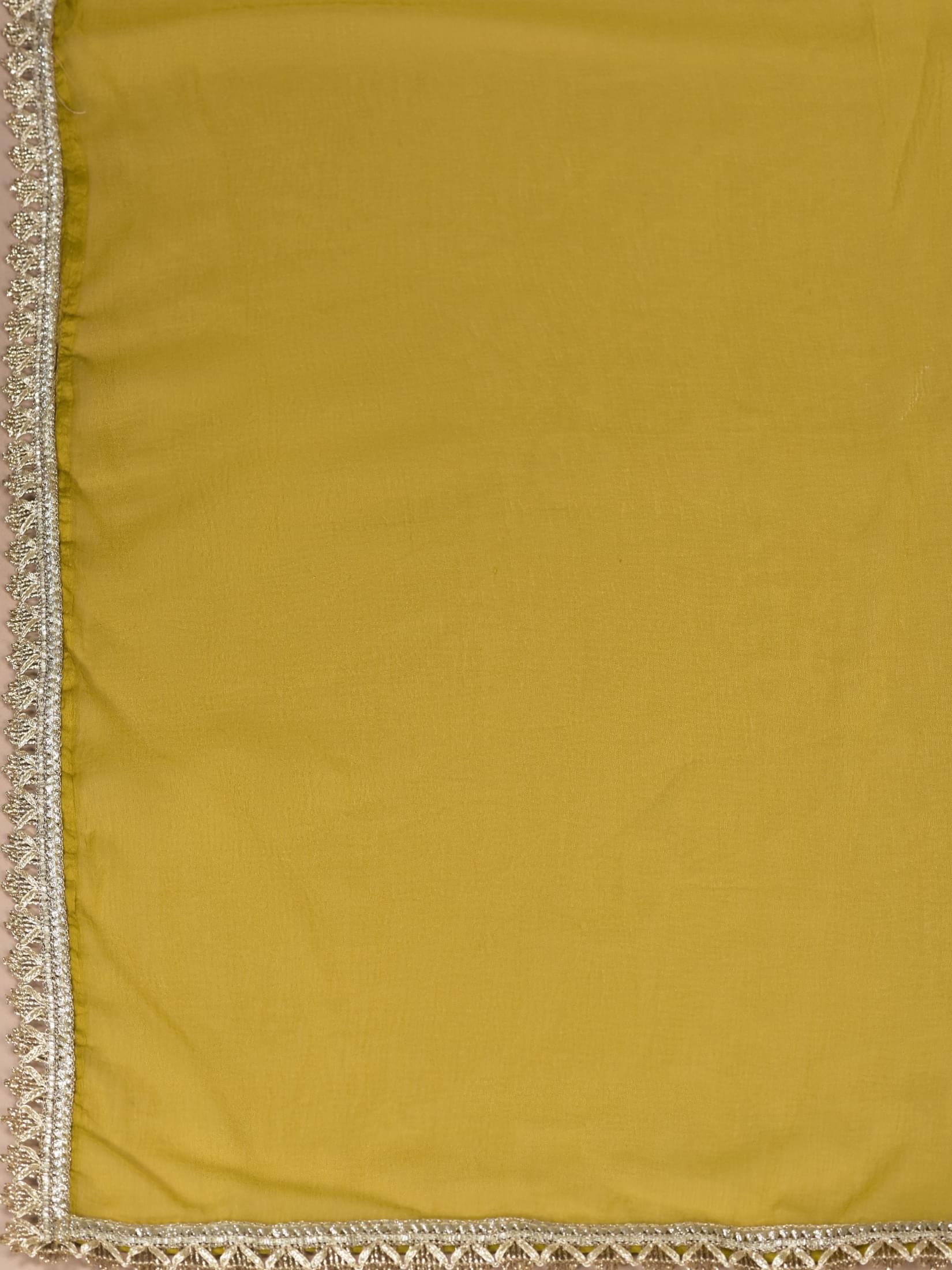Women Chinon Mustard Floral Print Kurta Split Pant Dupatta.