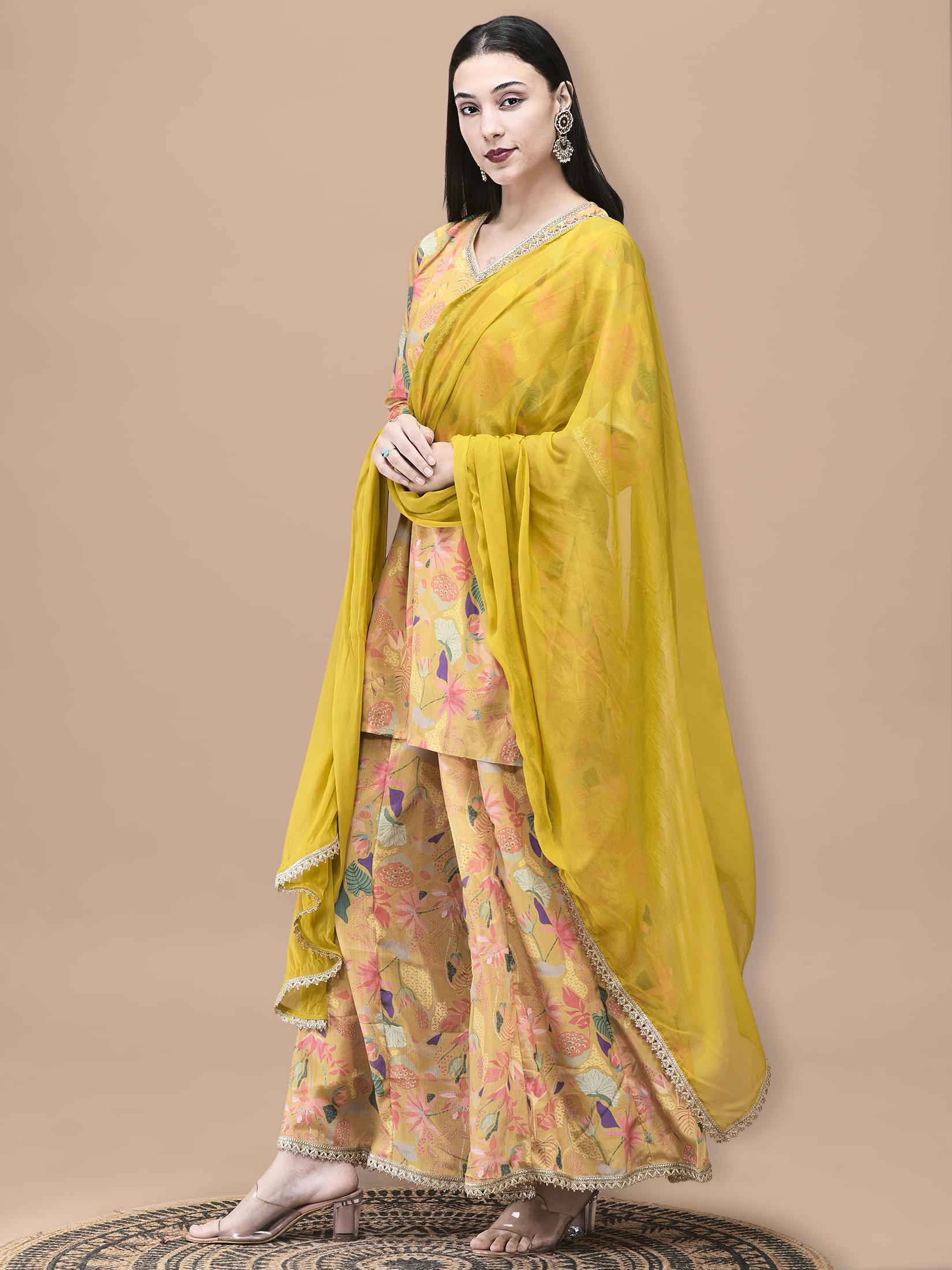Women Chinon Mustard Floral Print Kurta Split Pant Dupatta.