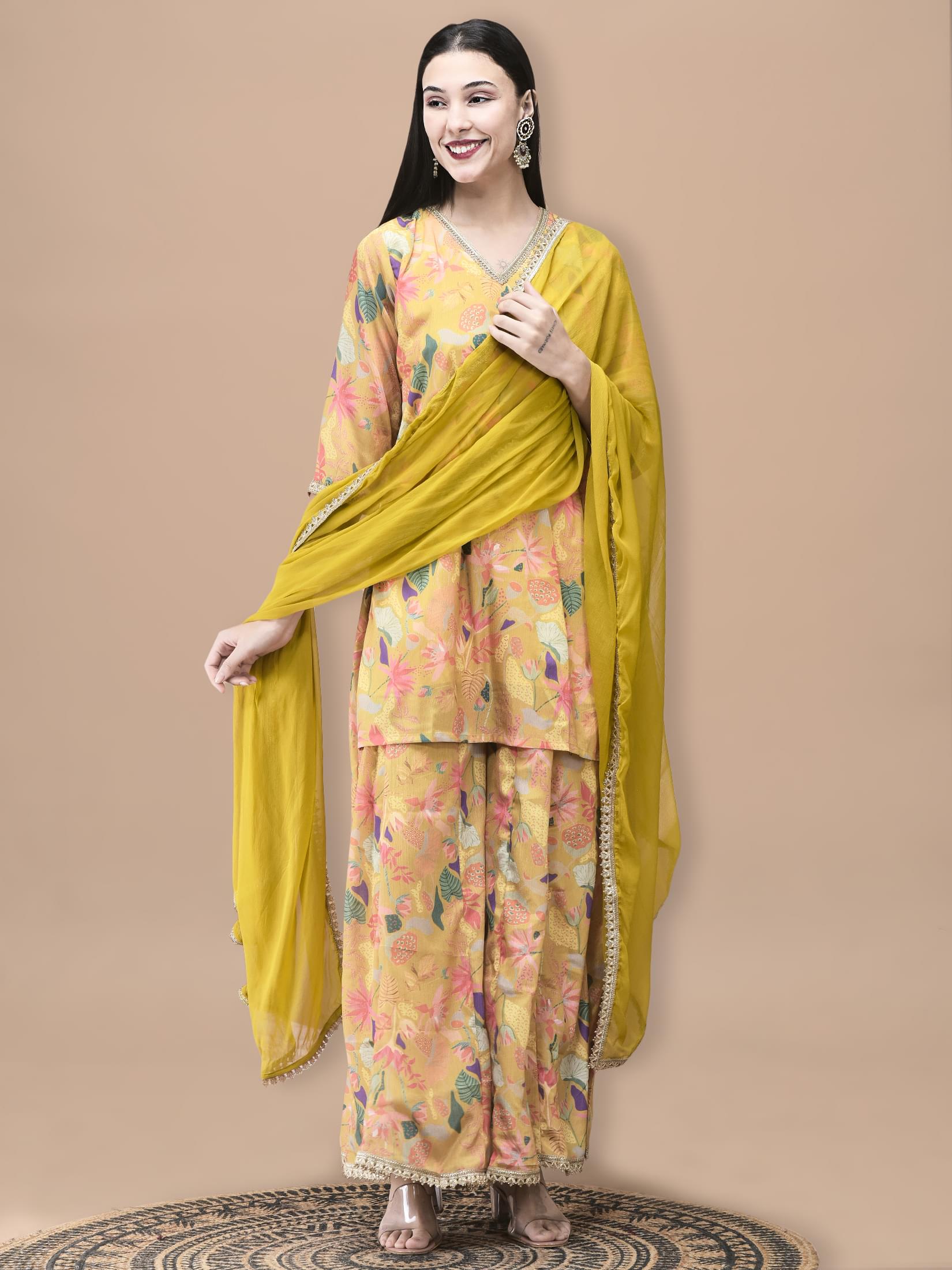 Mustard yellow bright floral print Chinon fabric festive split trouser suit