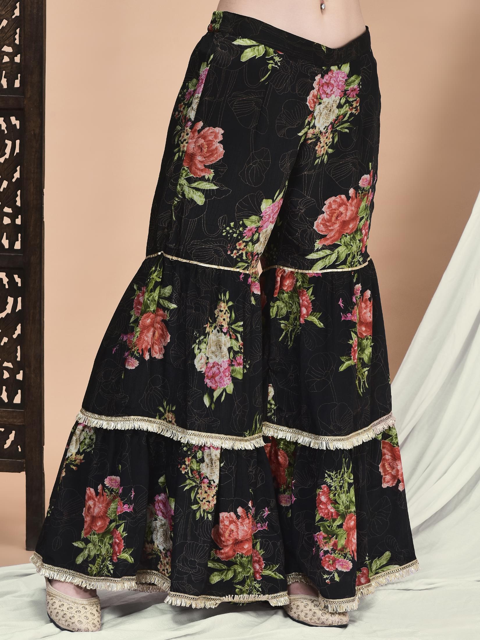 Women Chinon Black Floral Print Kurta Sharara Dupatta.