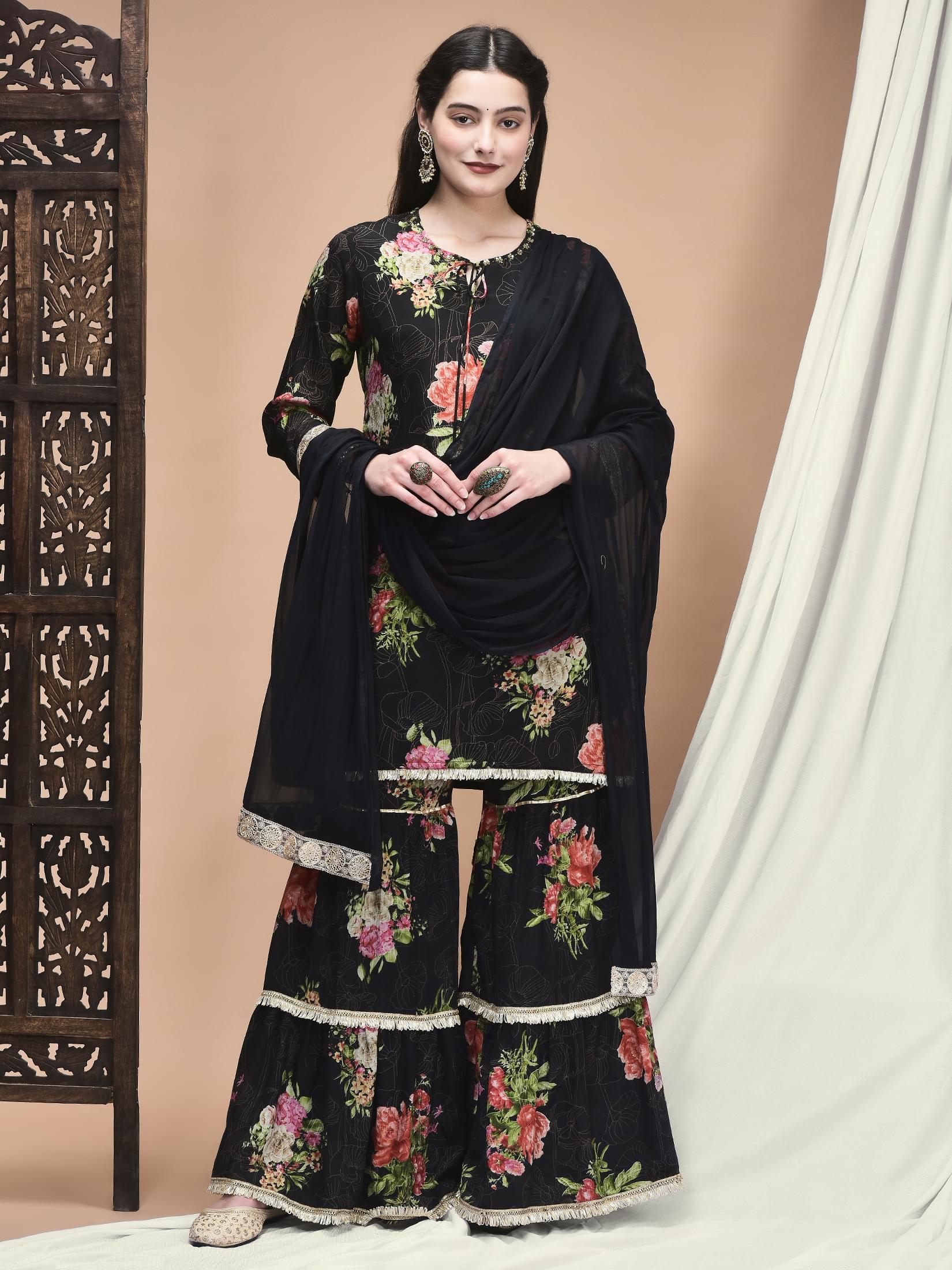 Jet black bold floral print Chinon fabric traditional sharara suit set