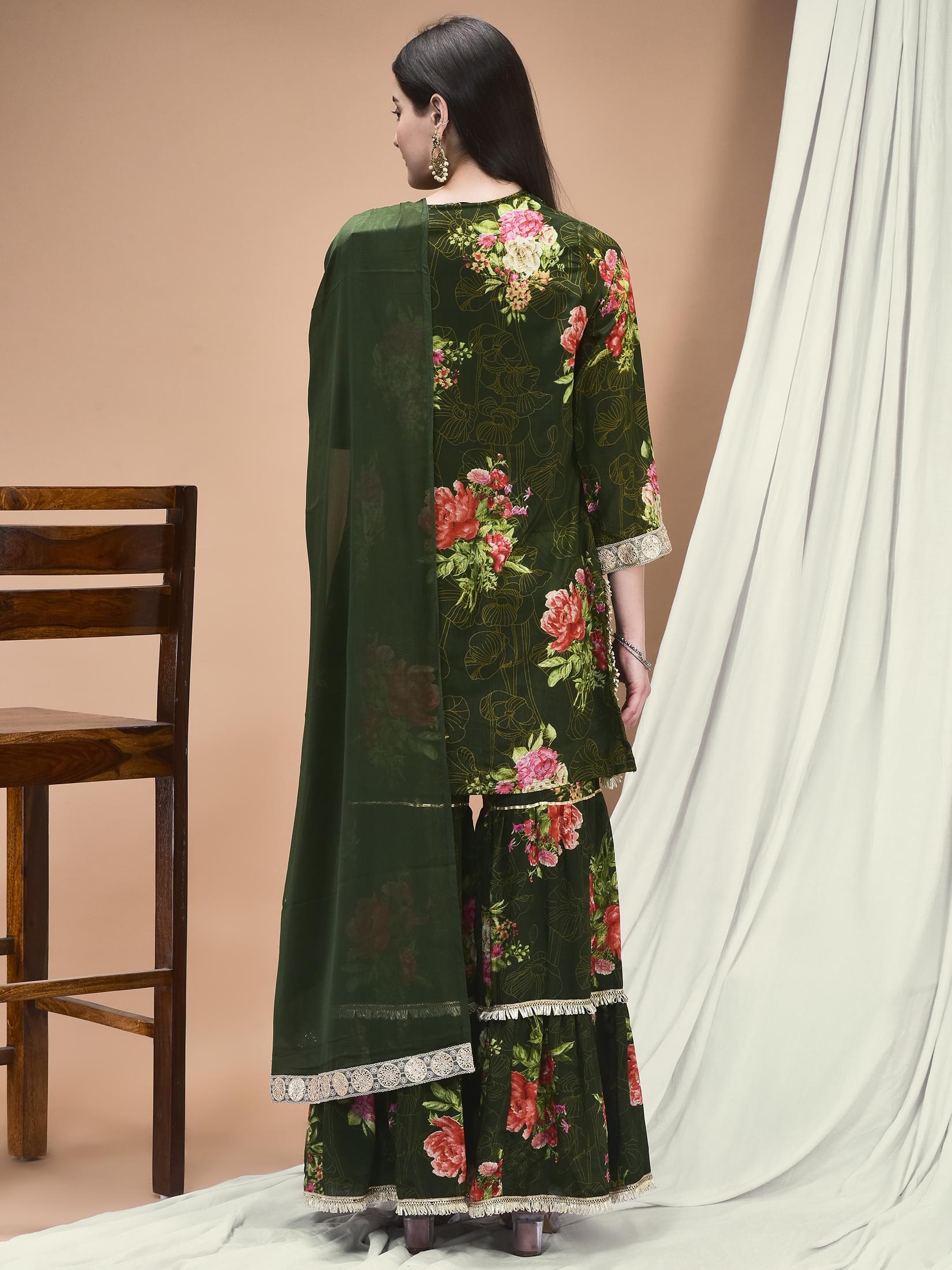 Women Chinon Olive Floral Print Kurta Sharara Dupatta.