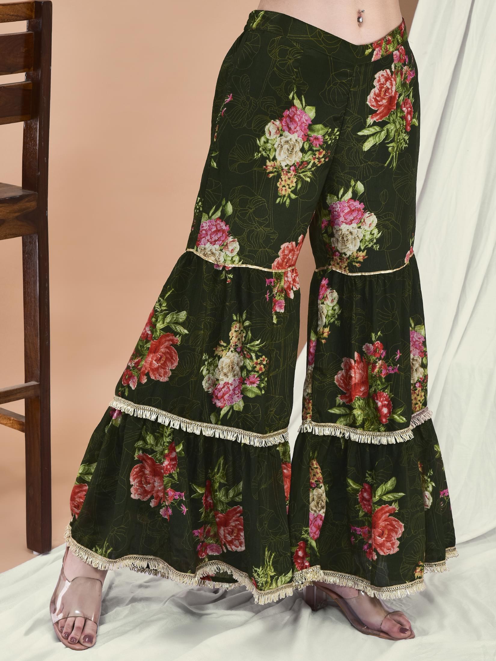 Women Chinon Olive Floral Print Kurta Sharara Dupatta.