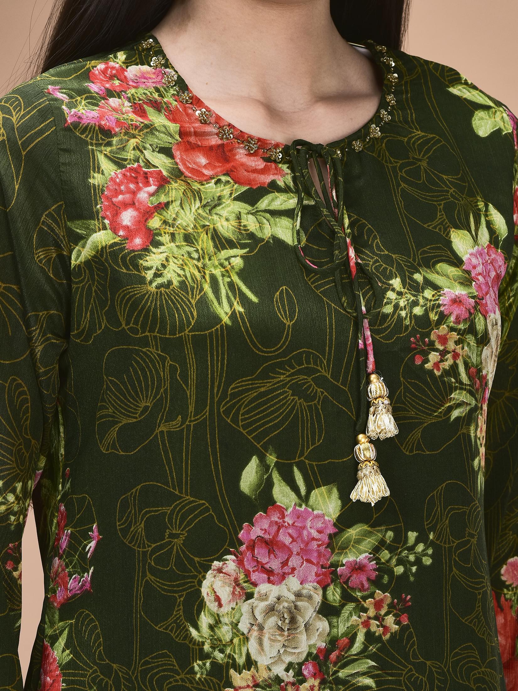Women Chinon Olive Floral Print Kurta Sharara Dupatta.