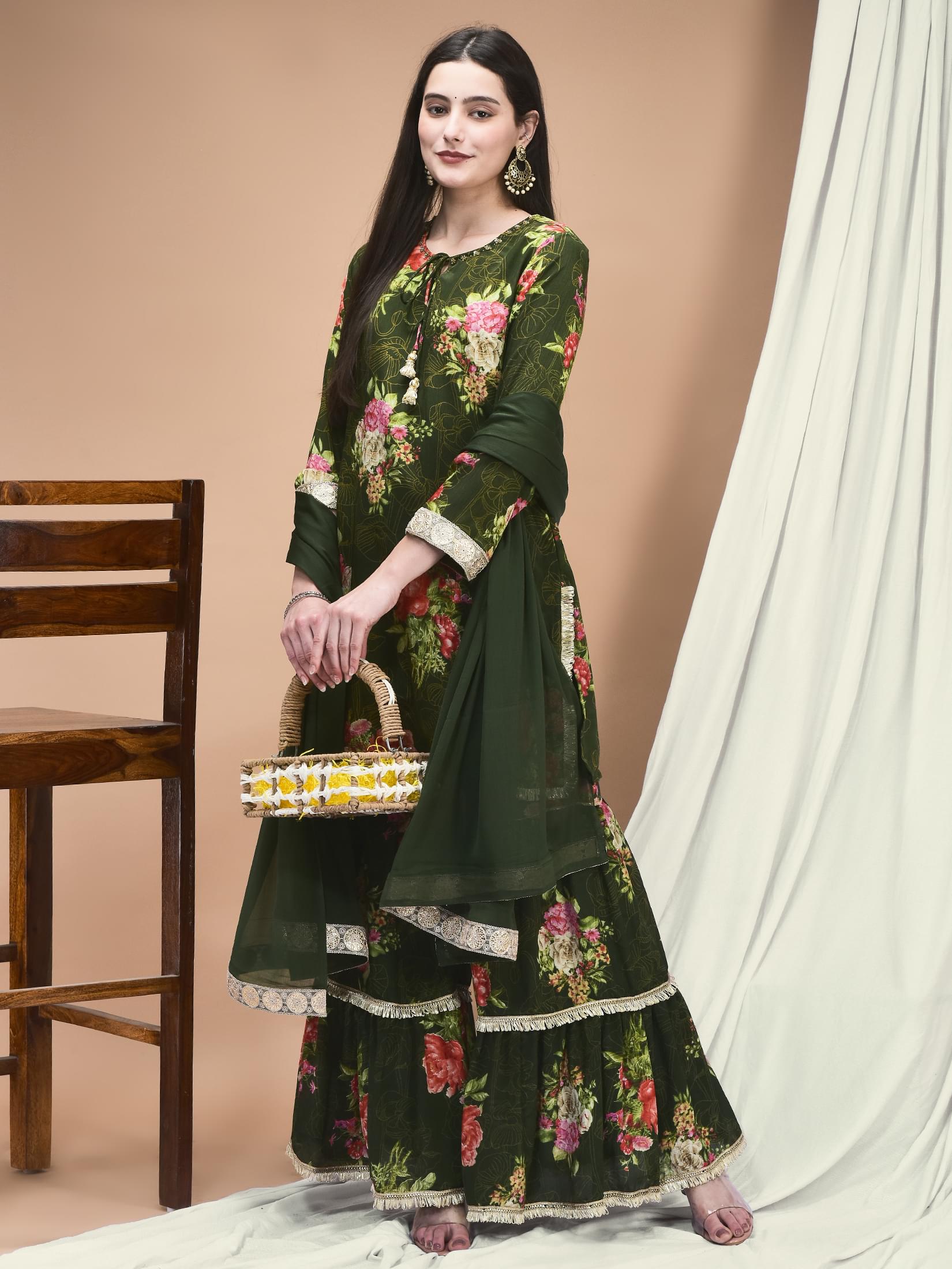 Women Chinon Olive Floral Print Kurta Sharara Dupatta.
