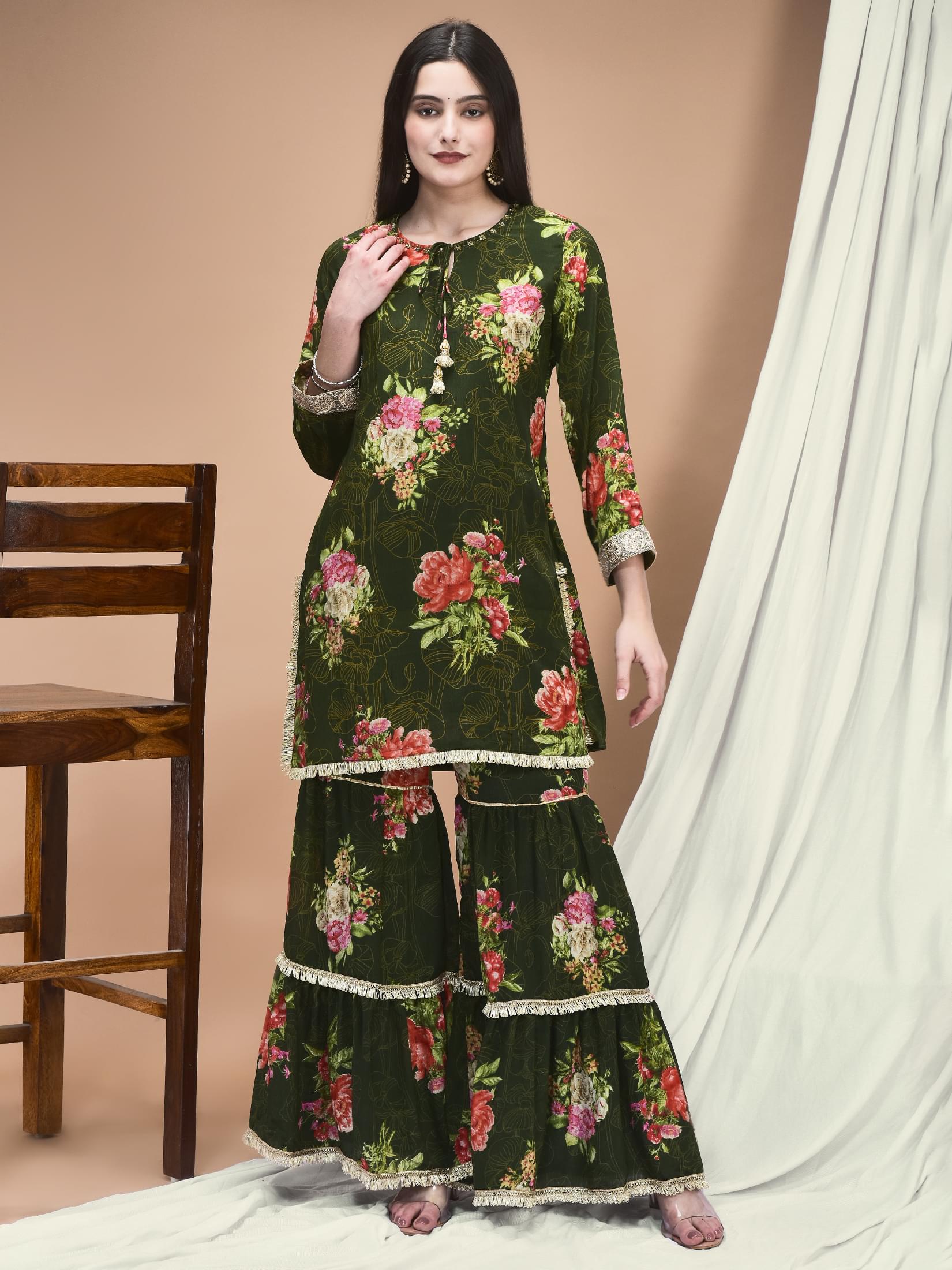 Women Chinon Olive Floral Print Kurta Sharara Dupatta.