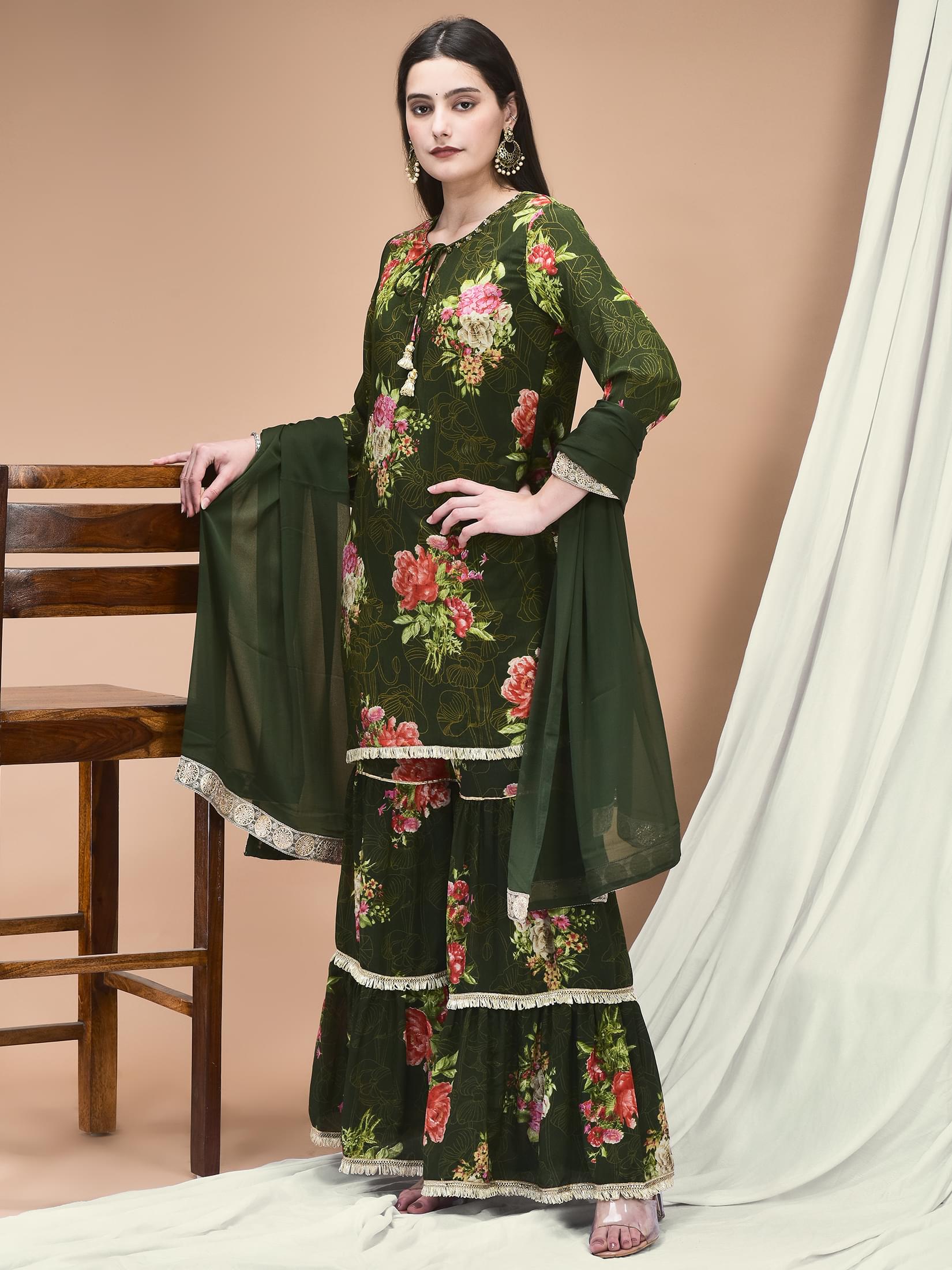 Women Chinon Olive Floral Print Kurta Sharara Dupatta.