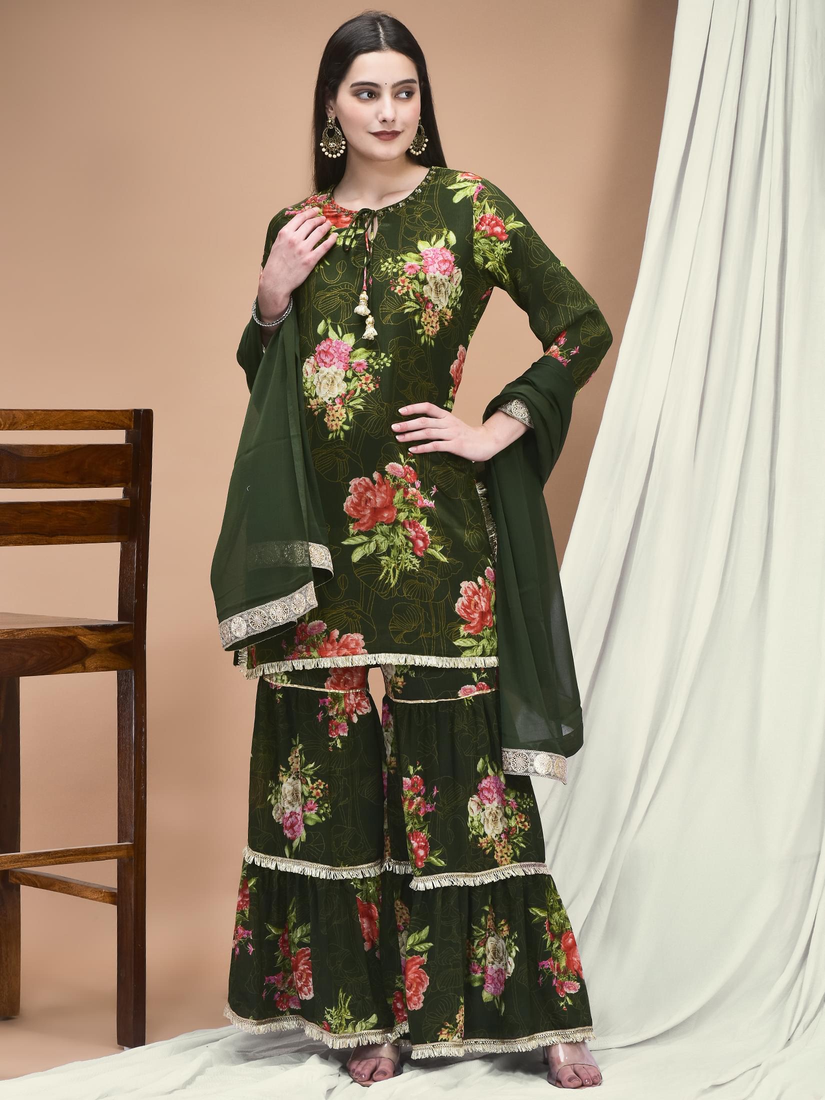 Women Chinon Olive Floral Print Kurta Sharara Dupatta.
