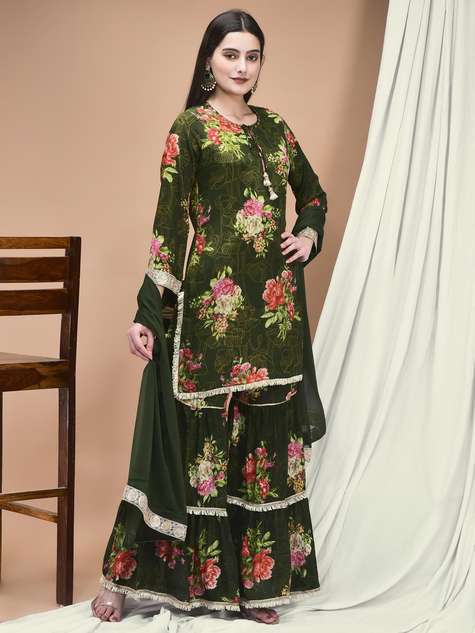 Women Chinon Olive Floral Print Kurta Sharara Dupatta.