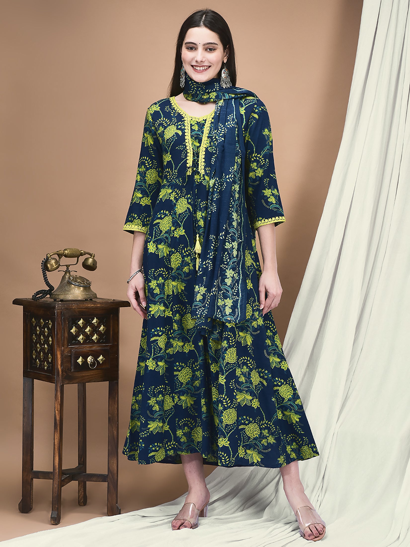 Women Liva Blue Floral Print Dress With Dupatta Women Liva Blue Floral Print Dress With Dupatta