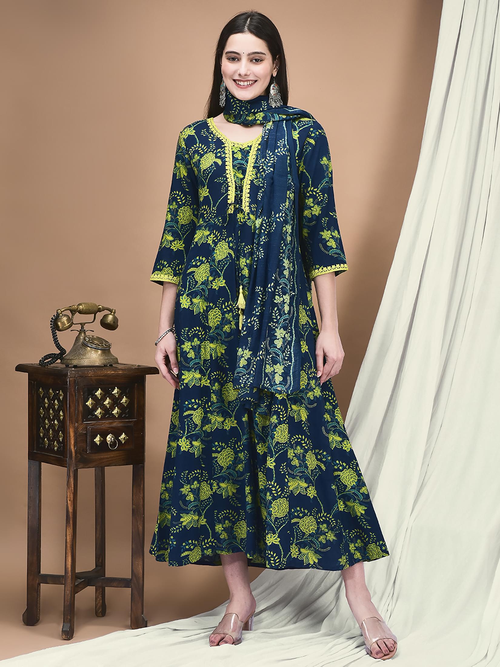 Ocean blue fresh floral print Liva fabric matching dress paired with dupatta