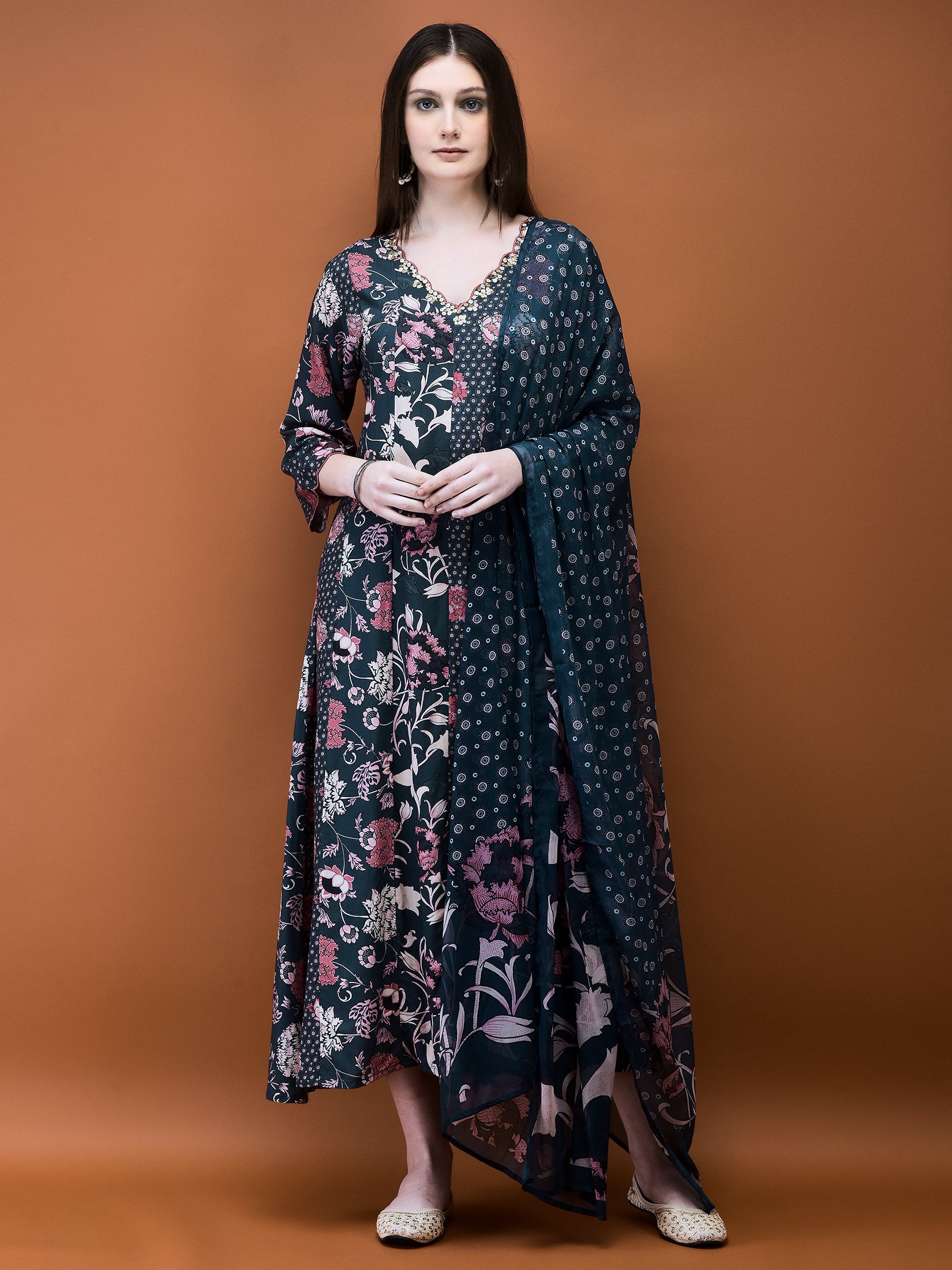 Women Liva (Rayon) Grey Floral Print Dress With Dupatta Women Liva (Rayon) Grey Floral Print Dress With Dupatta