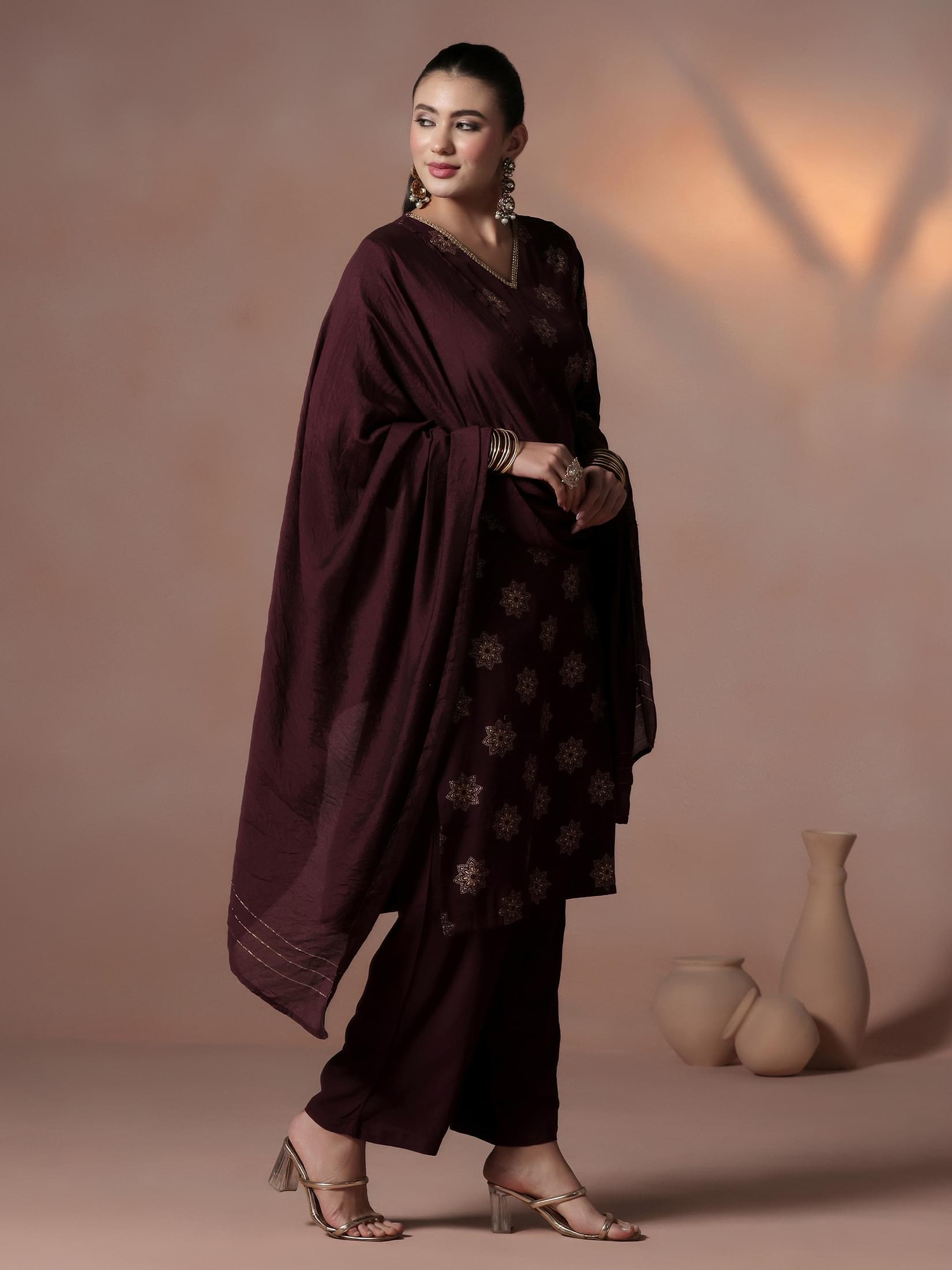 Women Poly Viscose Orchid Floral Print Kurta Comfort Pant Dupatta.