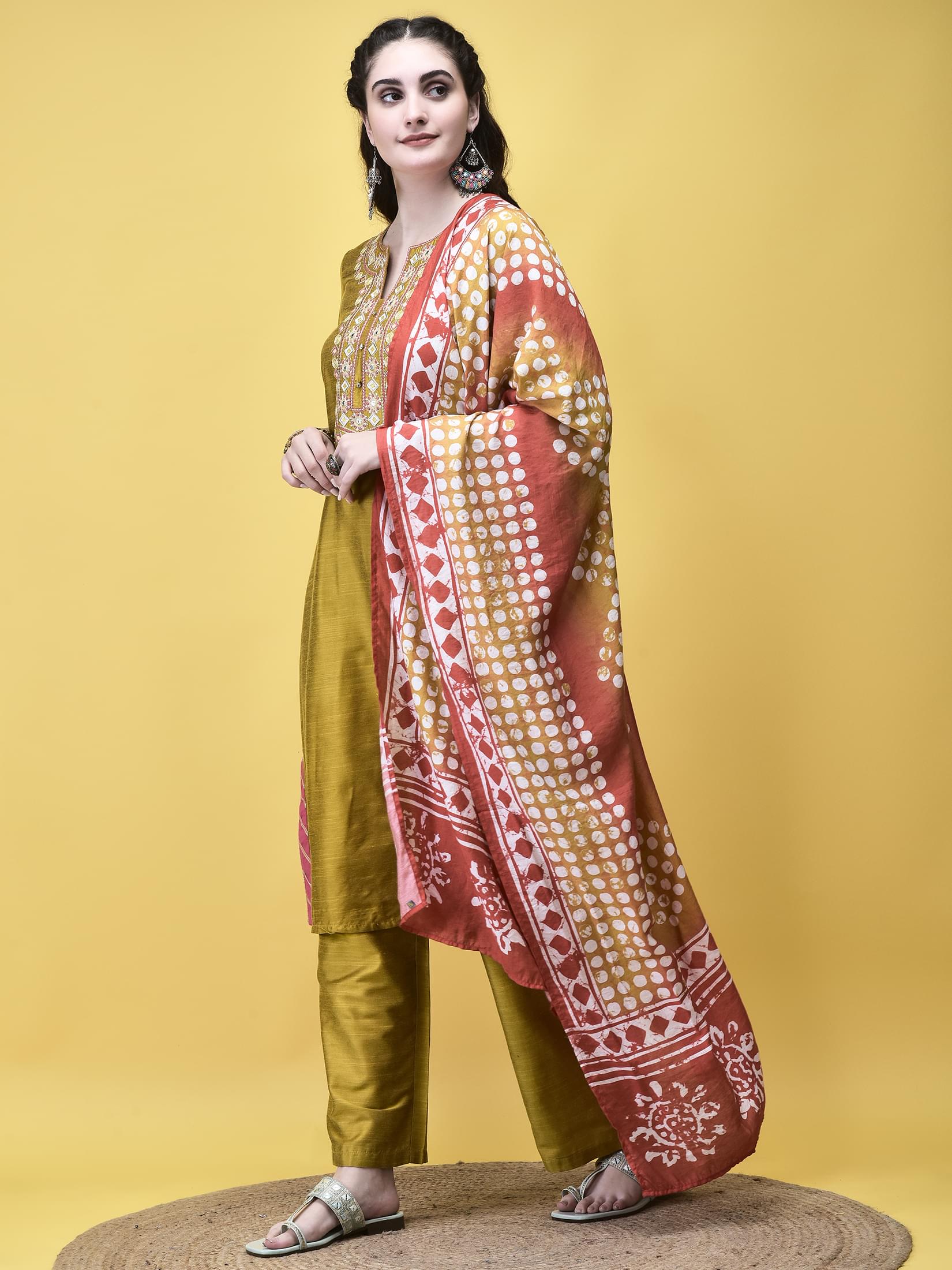 Women Silk Blend Mustard Embroidered Kurta Comfort Pant Chanderi Dupatta.