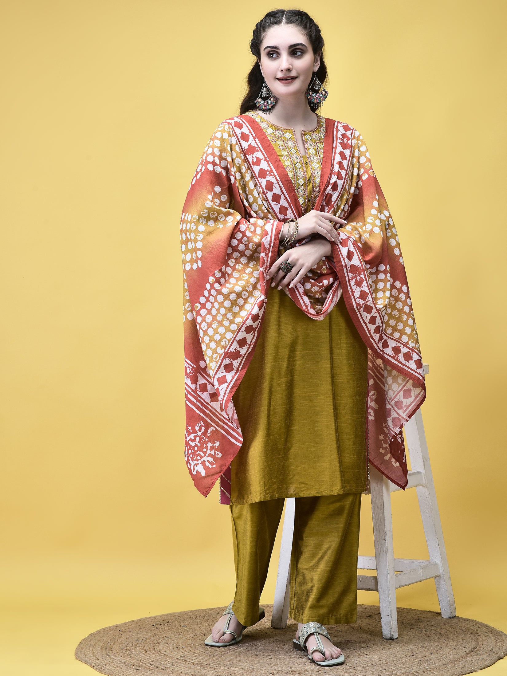 Women Cotton Mustard Printed Kurta With Comfort Pant