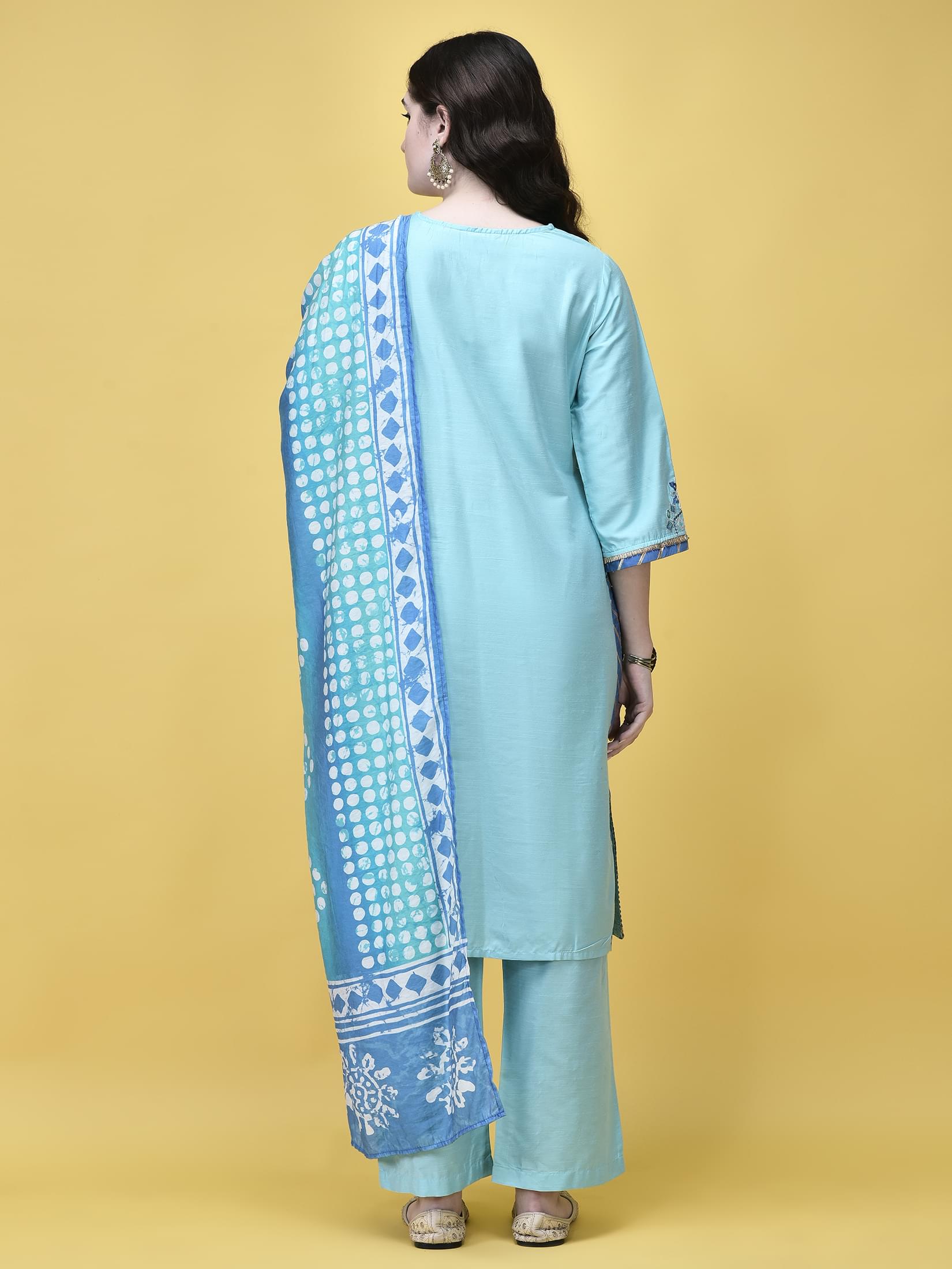 Women Silk Blend Sky Blue Embroidered Kurta Comfort Pant Chanderi Dupatta.