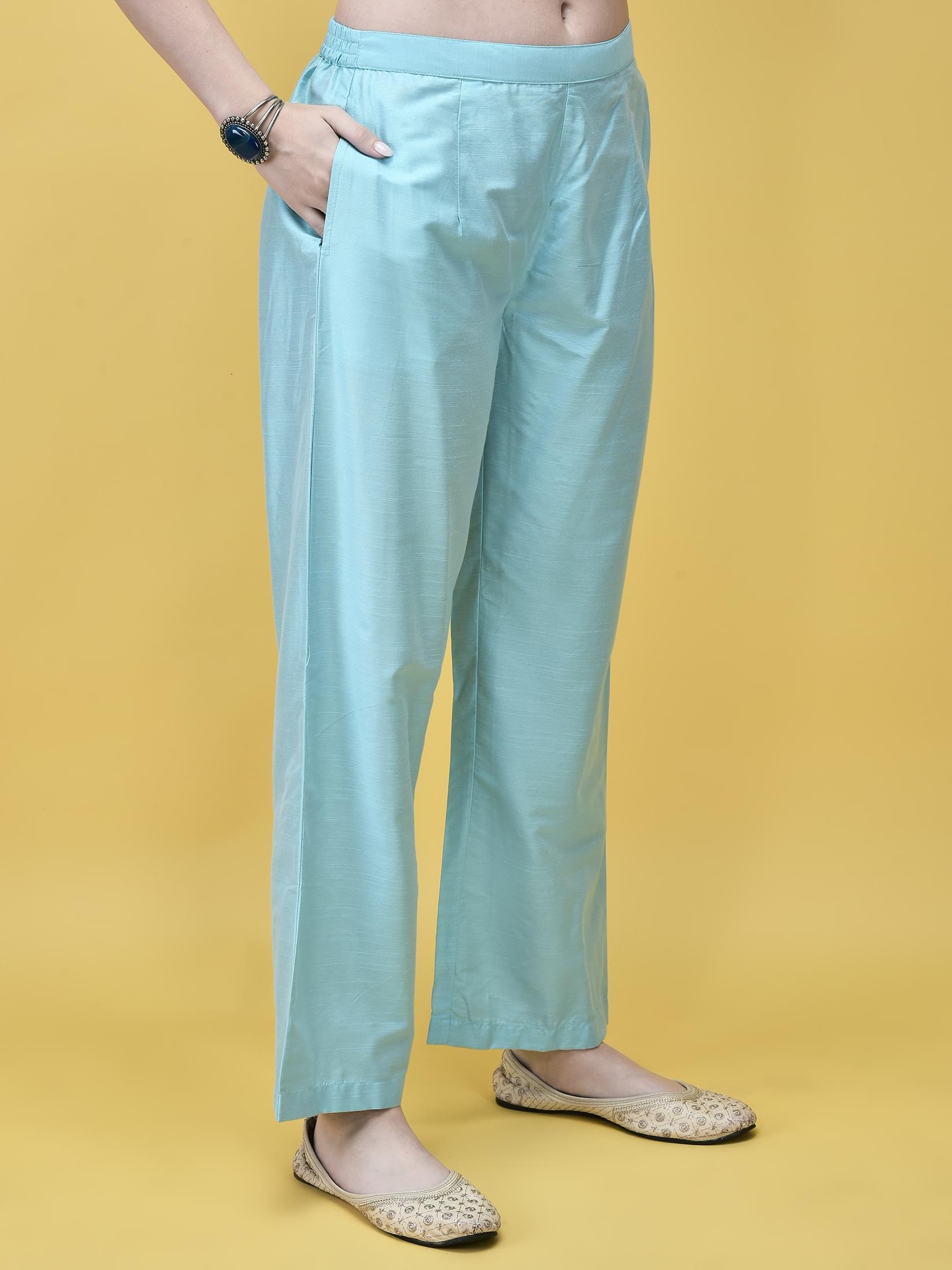 Women Silk Blend Sky Blue Embroidered Kurta Comfort Pant Chanderi Dupatta.