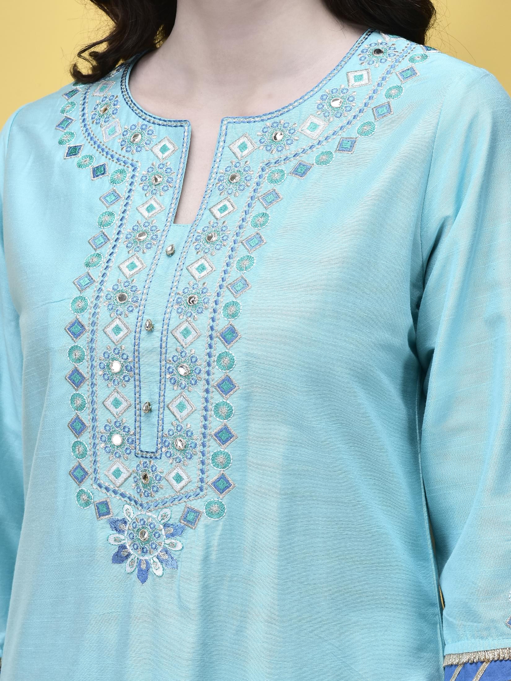 Women Silk Blend Sky Blue Embroidered Kurta Comfort Pant Chanderi Dupatta.