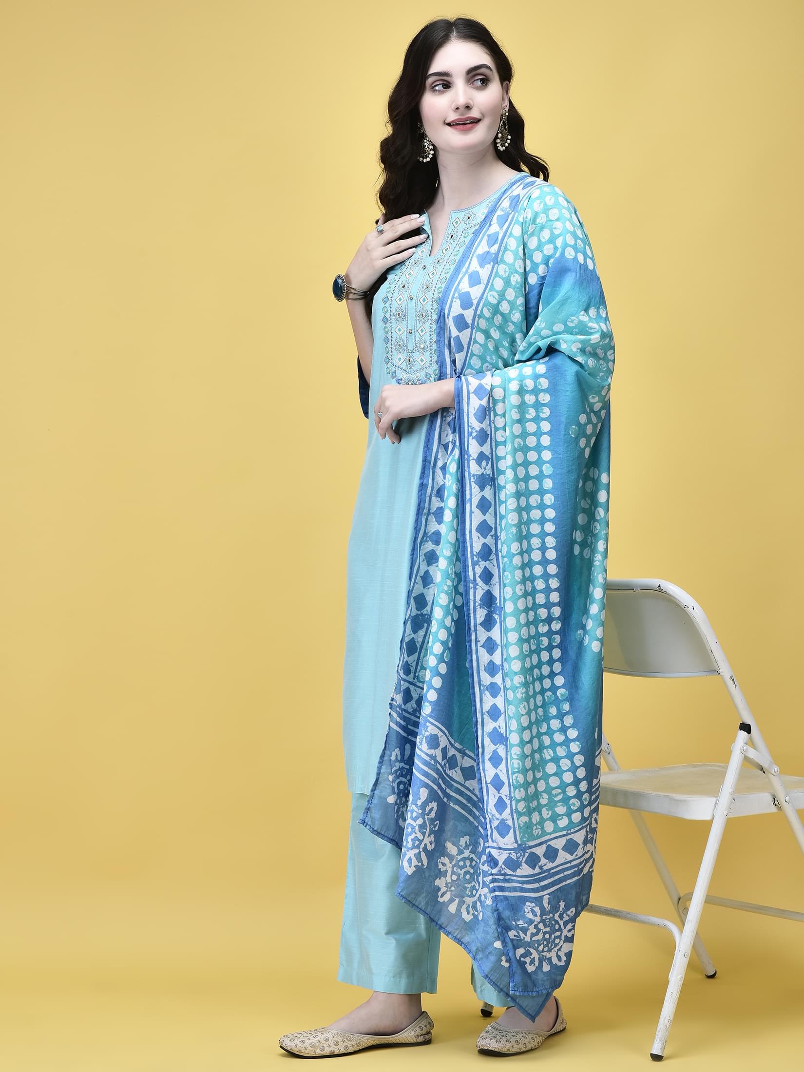 Women Silk Blend Sky Blue Embroidered Kurta Comfort Pant Chanderi Dupatta.