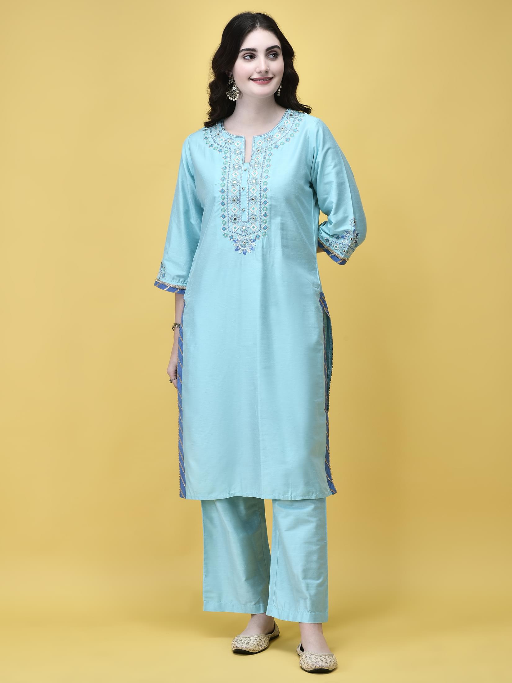 Women Silk Blend Sky Blue Embroidered Kurta Comfort Pant Chanderi Dupatta.