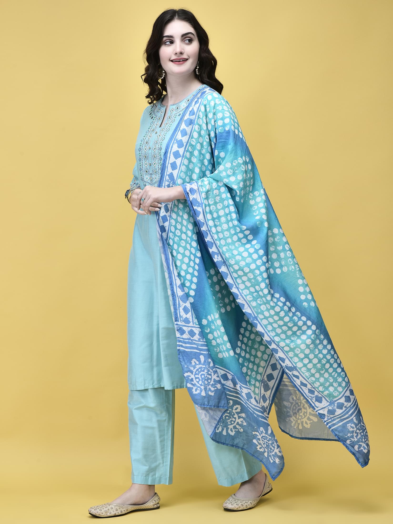 Women Silk Blend Sky Blue Embroidered Kurta Comfort Pant Chanderi Dupatta.