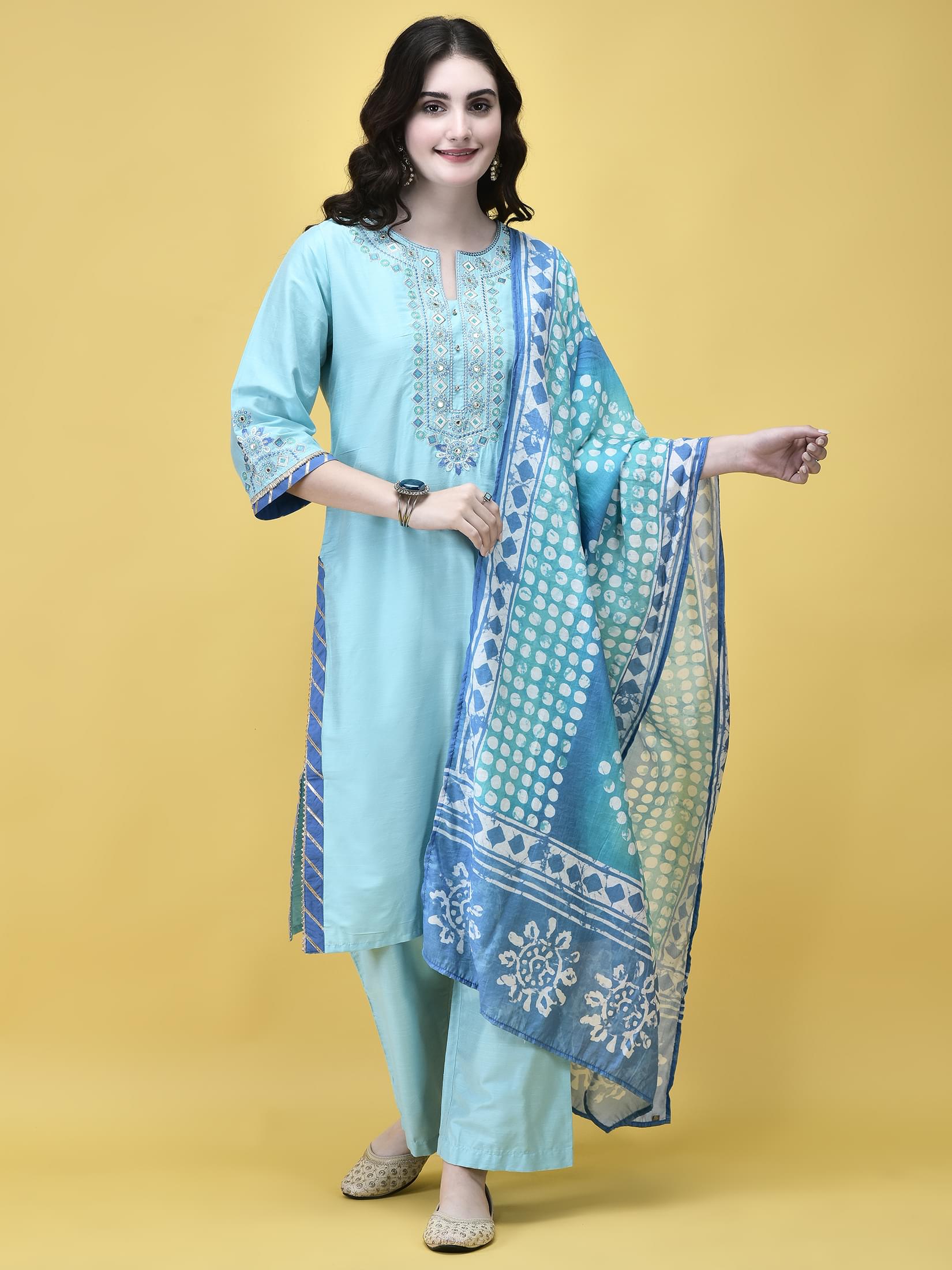 Women Silk Blend Sky Blue Embroidered Kurta Comfort Pant Chanderi Dupatta.