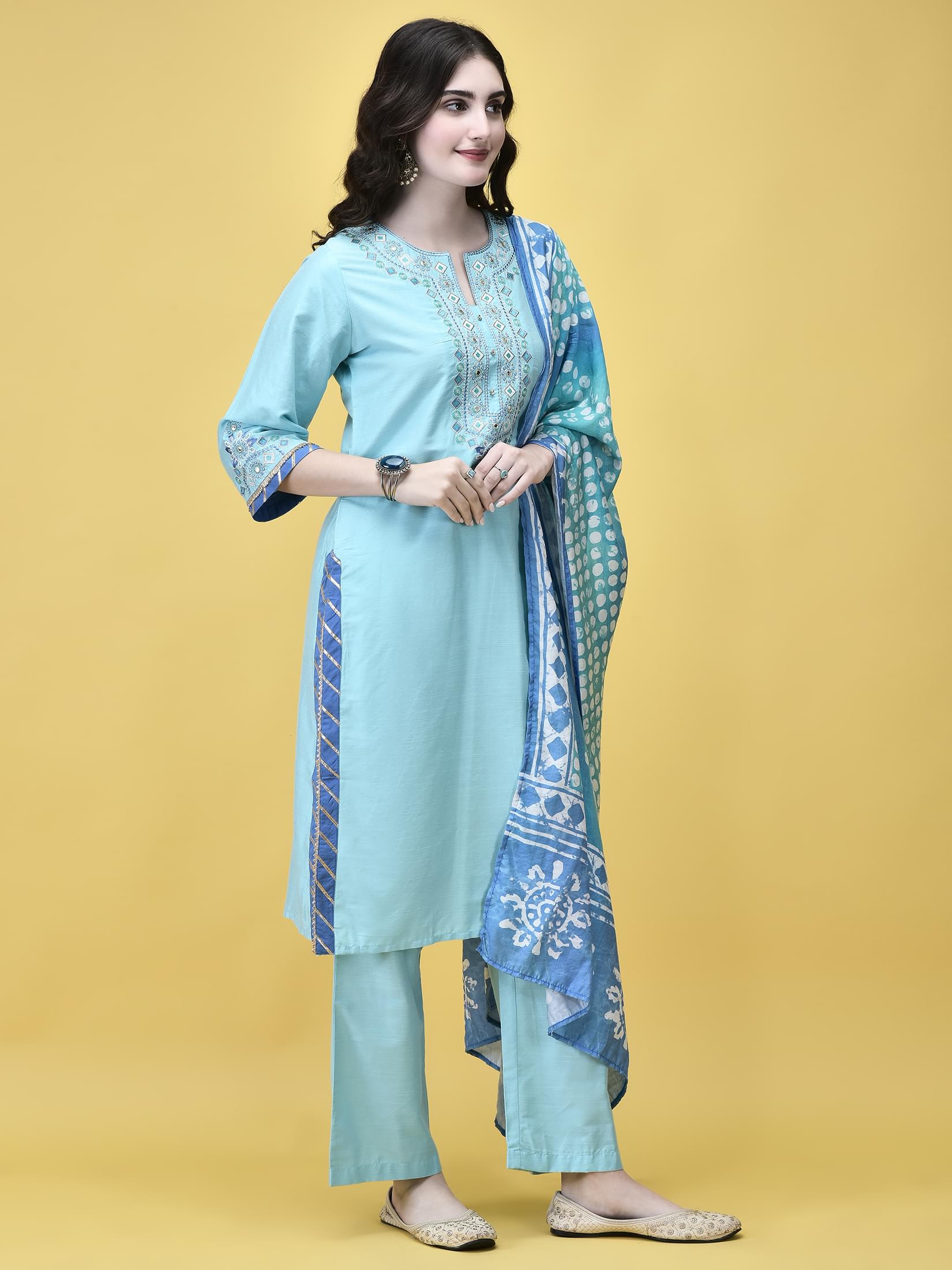 Women Silk Blend Sky Blue Embroidered Kurta Comfort Pant Chanderi Dupatta.