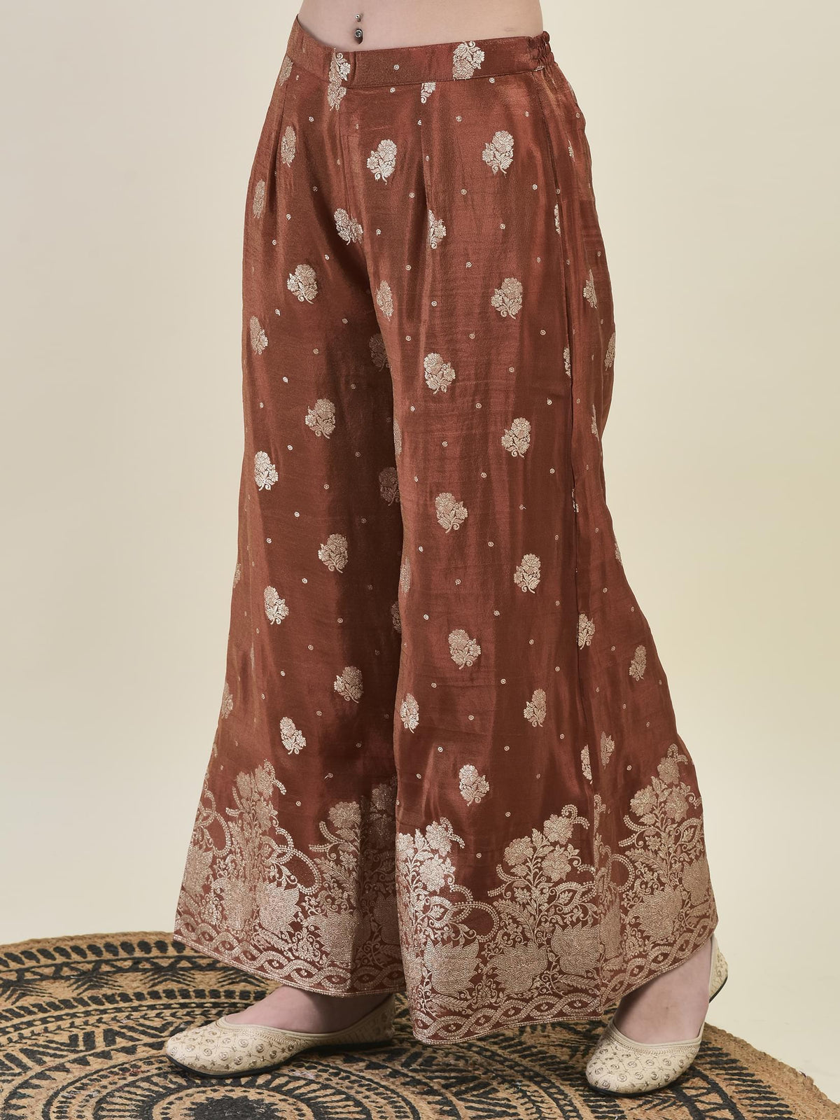 Women Dola Jacquard Rust Woven Kurta Wide Leg Pant Dupatta.