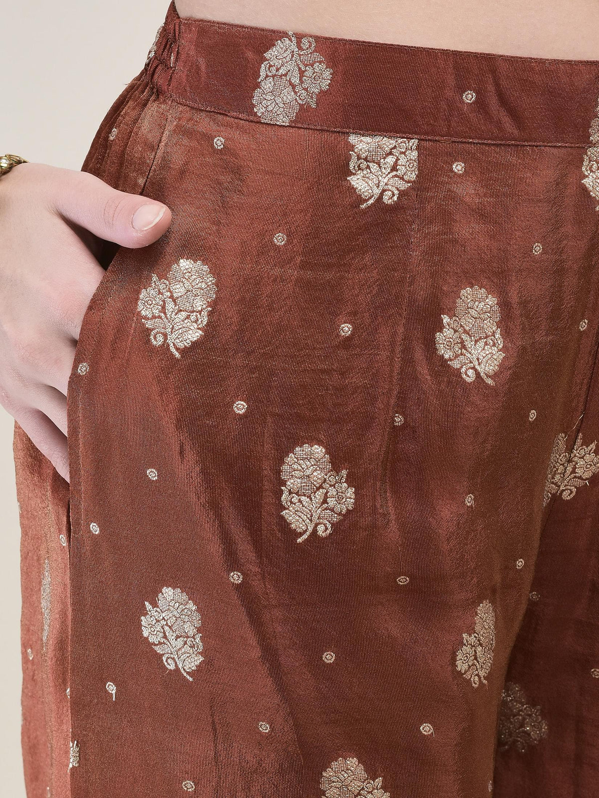 Women Dola Jacquard Rust Woven Kurta Wide Leg Pant Dupatta.