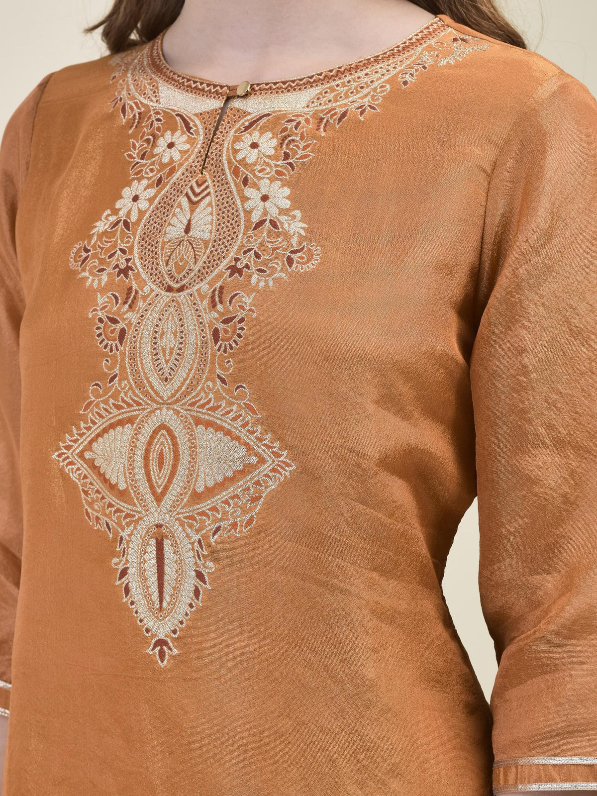 Women Dola Jacquard Rust Woven Kurta Wide Leg Pant Dupatta.