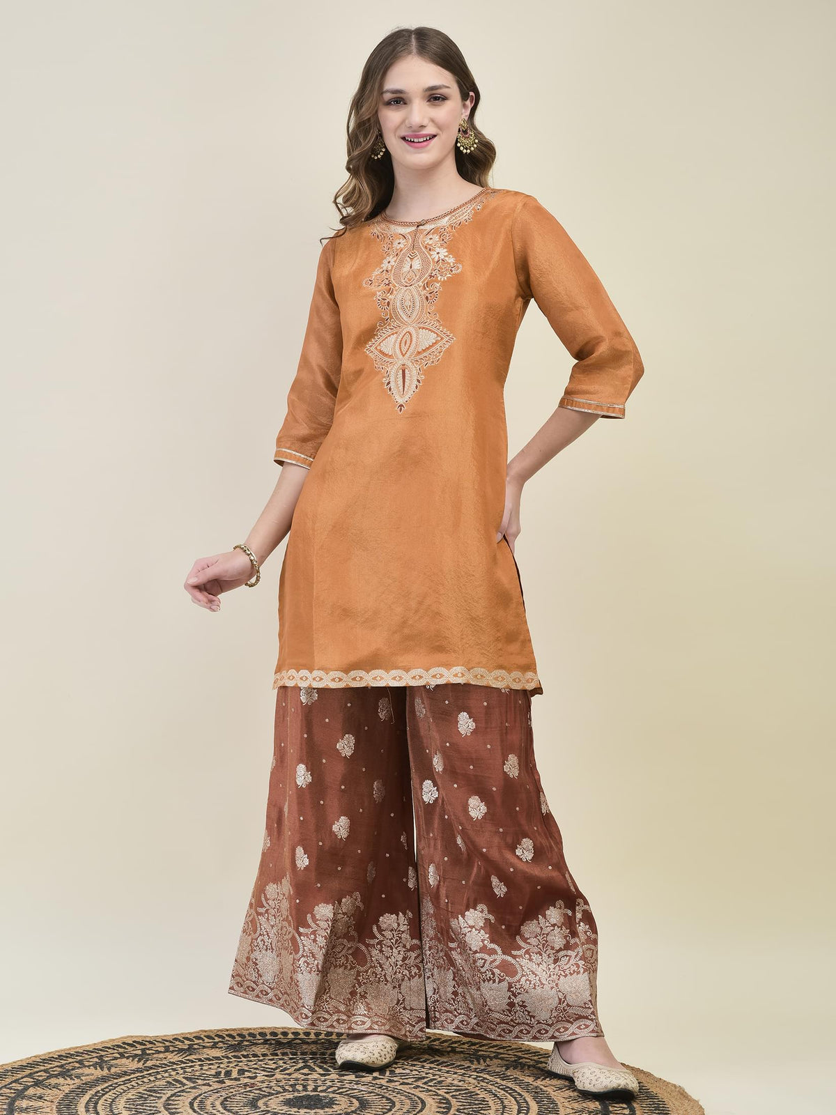 Women Dola Jacquard Rust Woven Kurta Wide Leg Pant Dupatta.