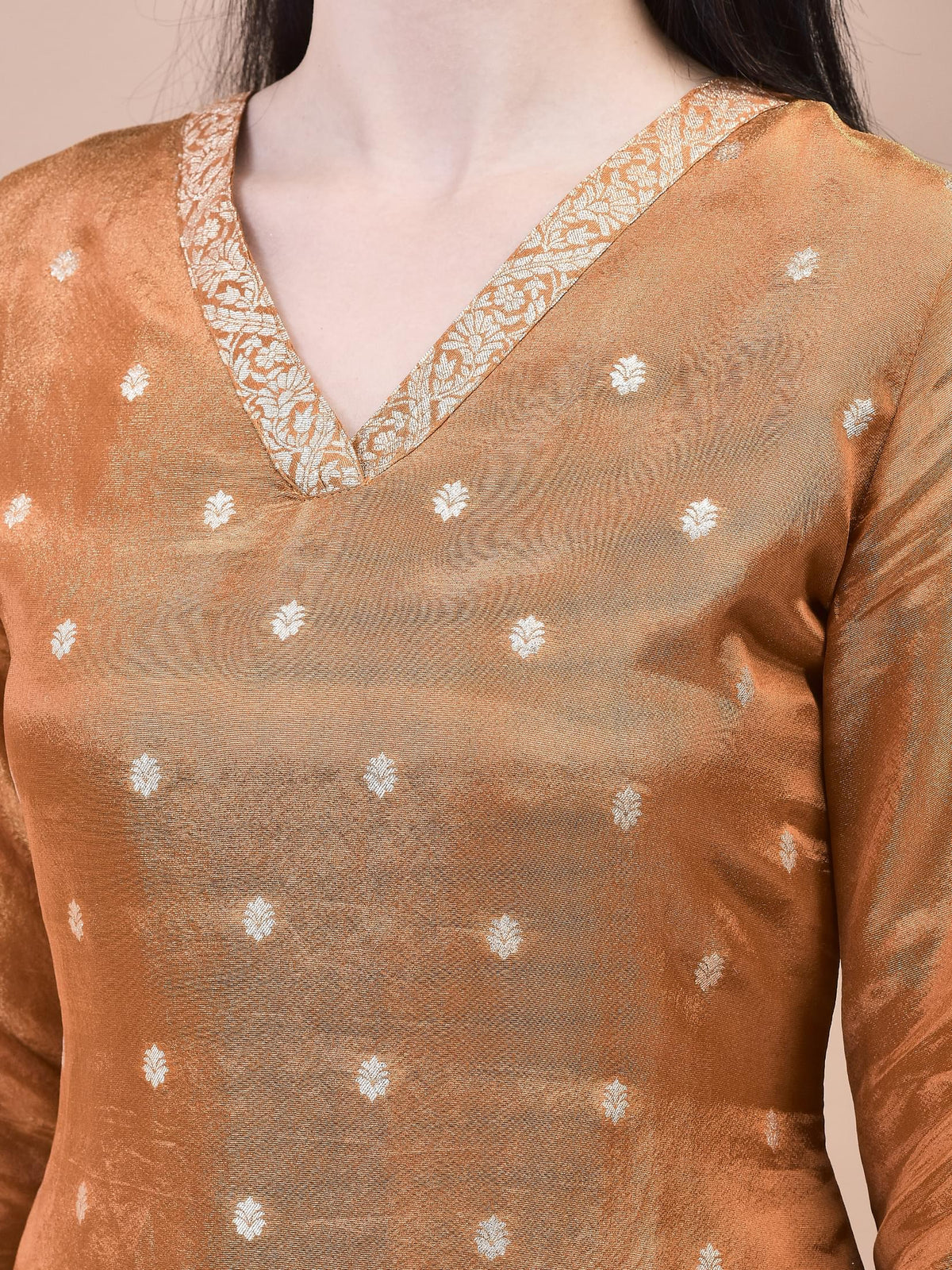 Women Dola Jacquard Rust Solid Kurta Sharara Dupatta.