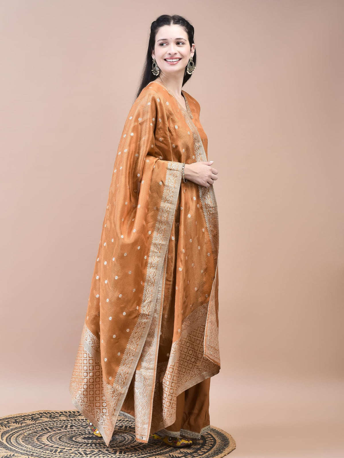 Women Dola Jacquard Rust Solid Kurta Sharara Dupatta.