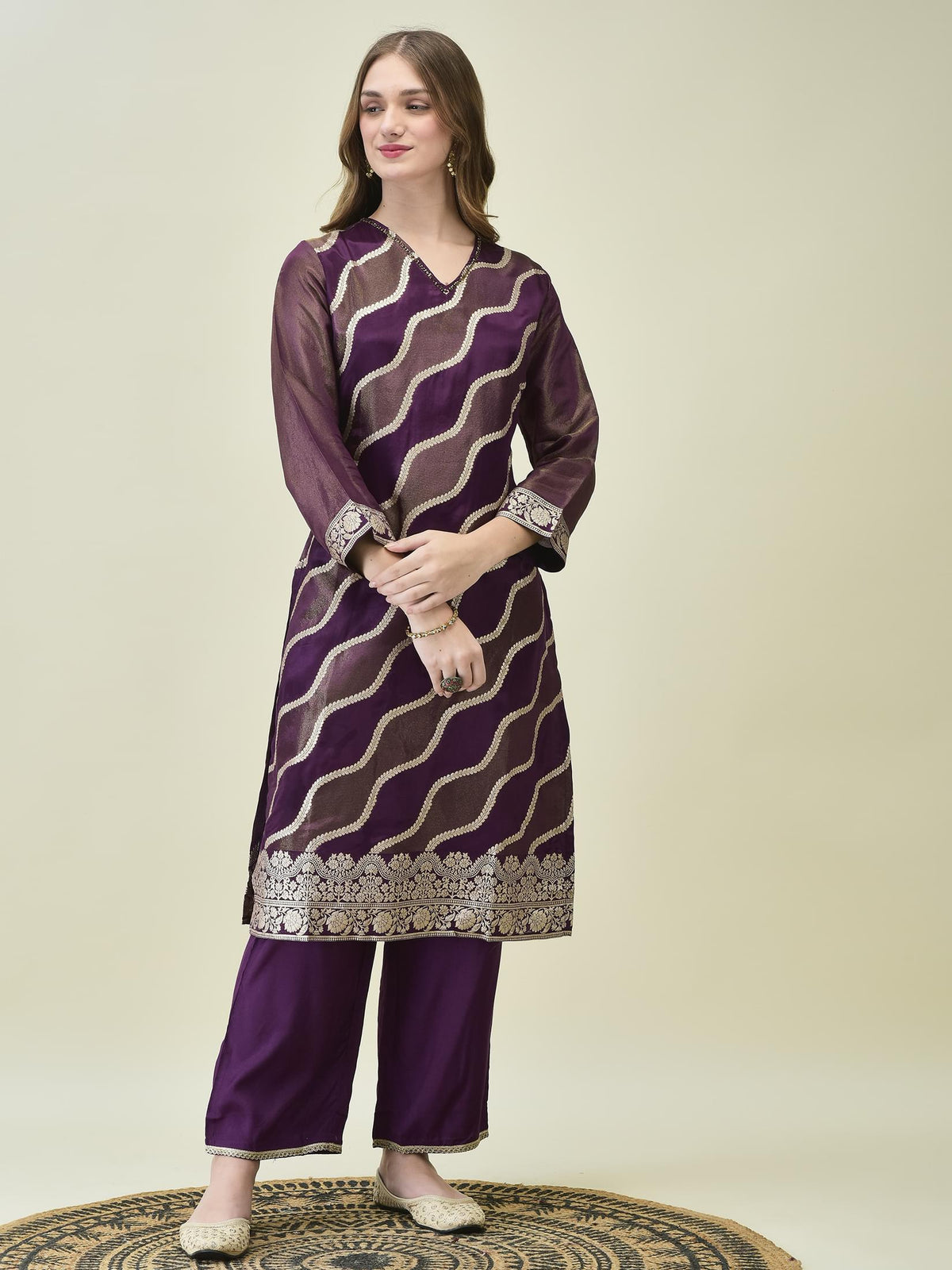 Women Dola Jacquard Purple Woven Kurta Comfort Pant Dupatta.