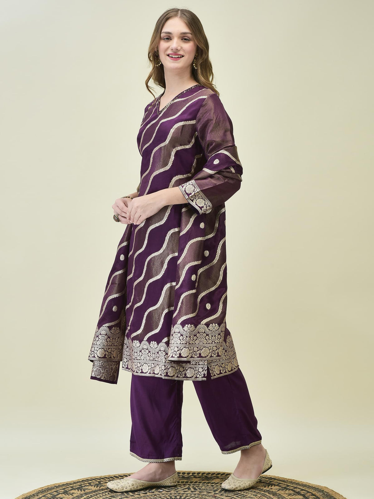 Women Dola Jacquard Purple Woven Kurta Comfort Pant Dupatta.