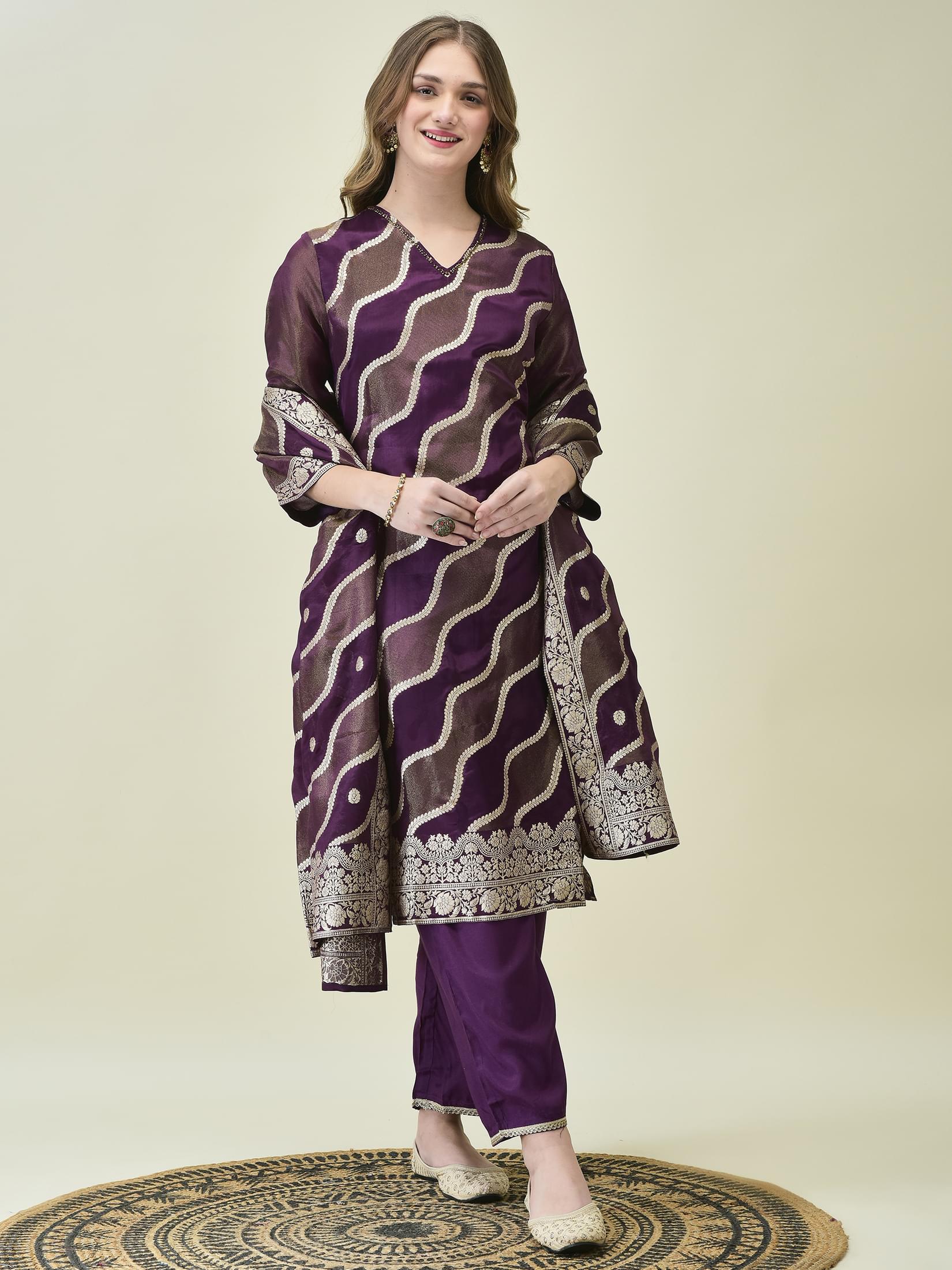 Women Dola Jacquard Purple Woven Kurta Comfort Pant Dupatta.