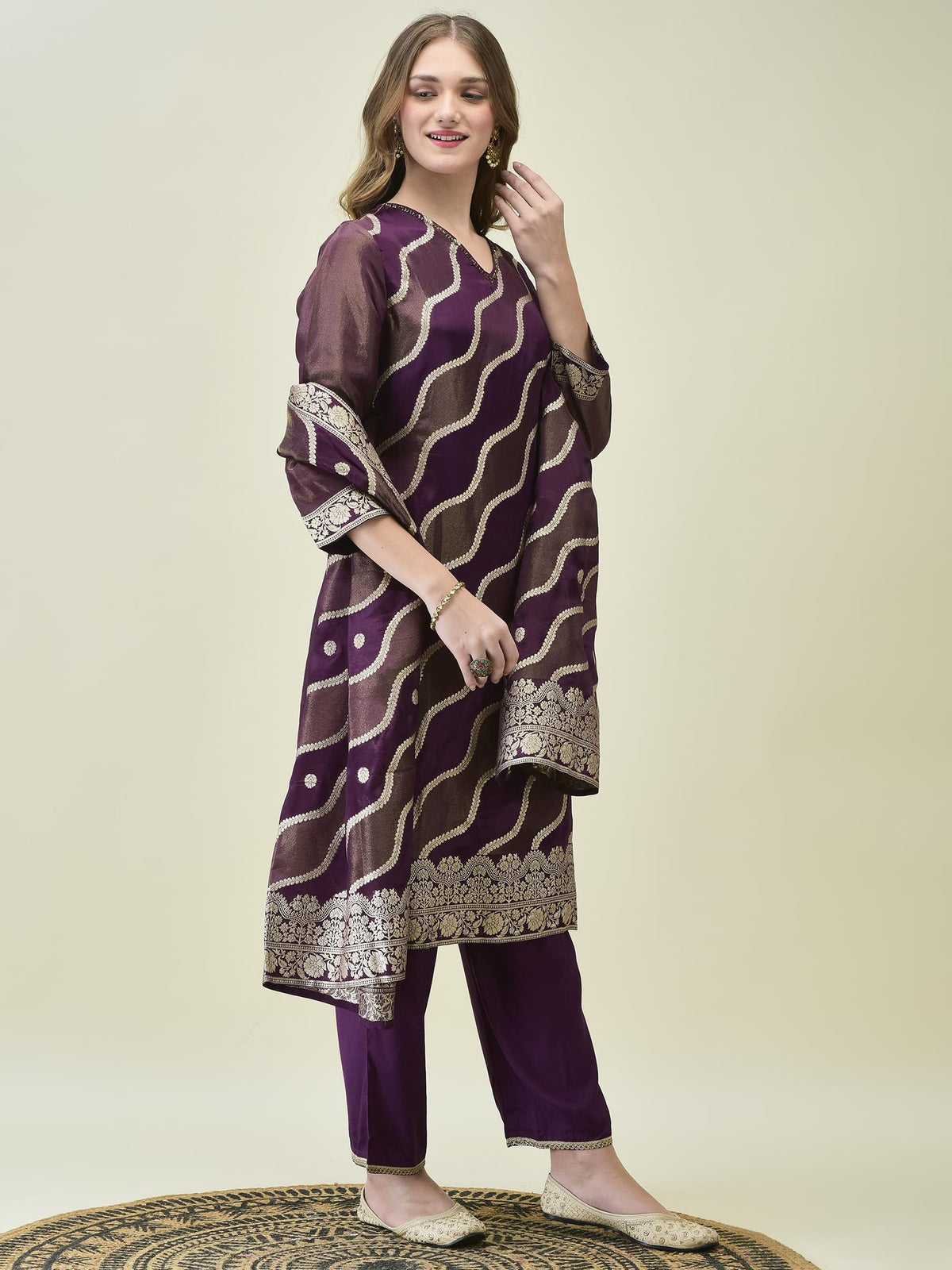 Women Dola Jacquard Purple Woven Kurta Comfort Pant Dupatta.