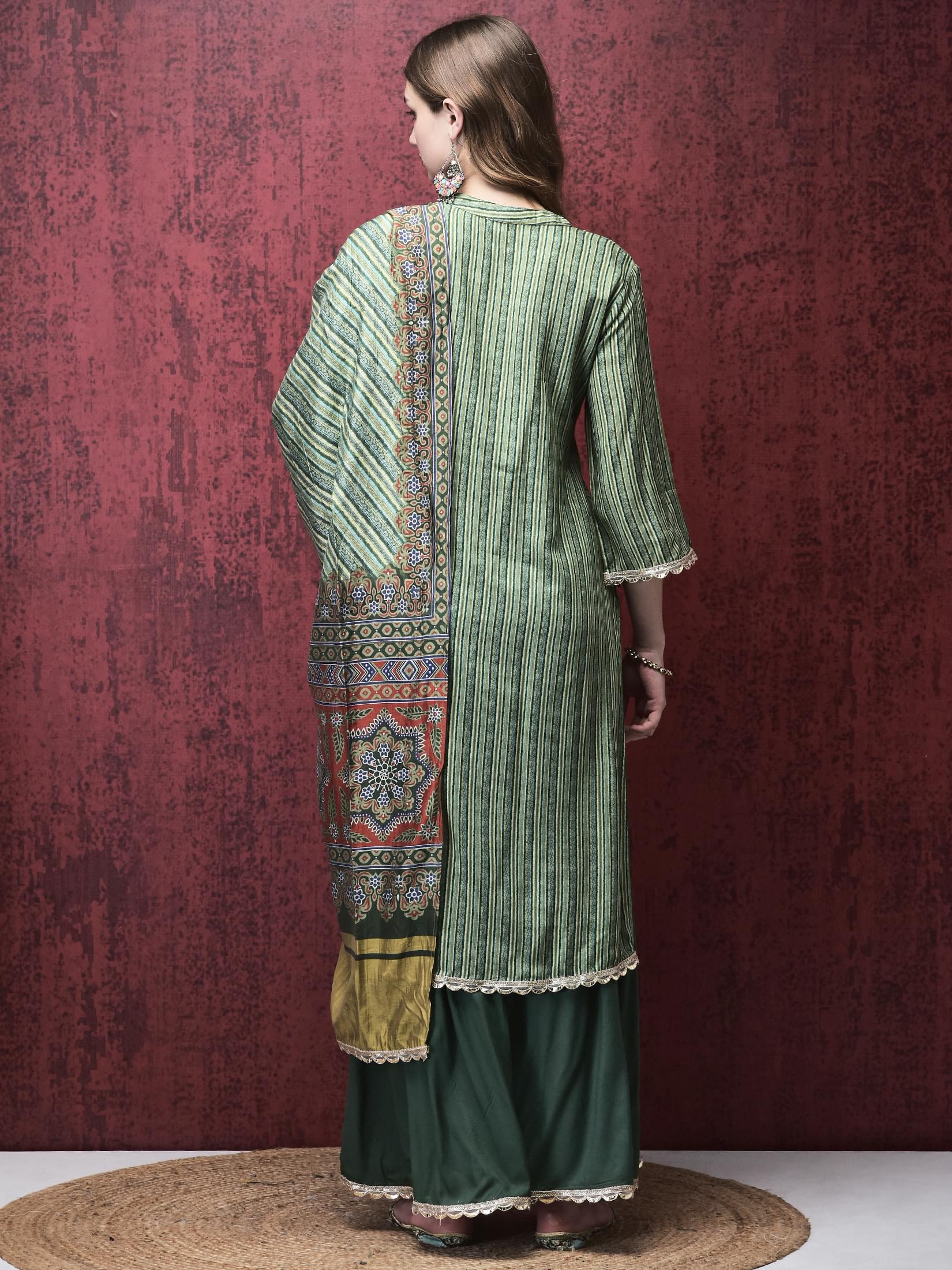Women Liva (Rayon) Green Stripe Print Kurta Sharara Chanderi Dupatta.