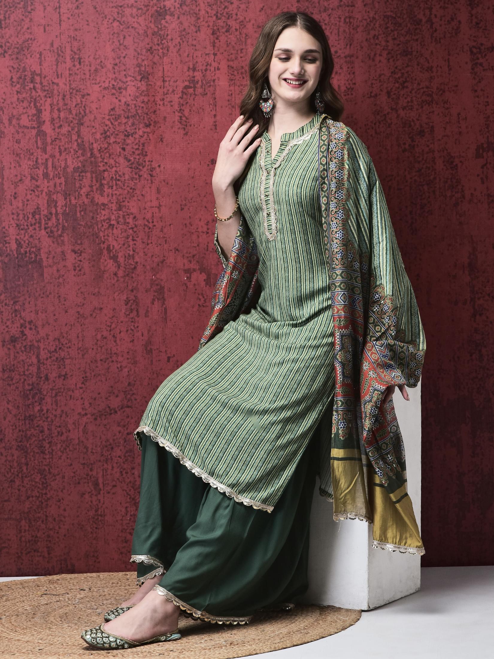 Women Liva (Rayon) Green Stripe Print Kurta Sharara Chanderi Dupatta.