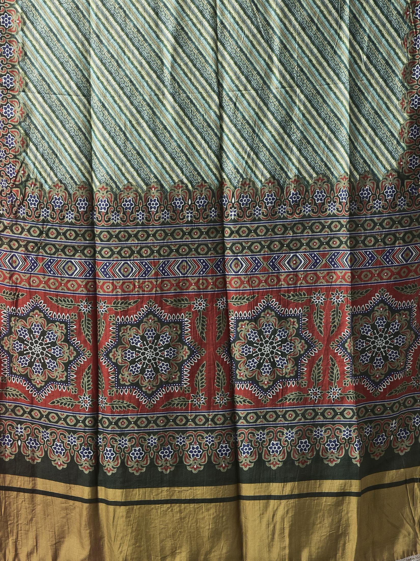Women Liva (Rayon) Green Stripe Print Kurta Sharara Chanderi Dupatta.