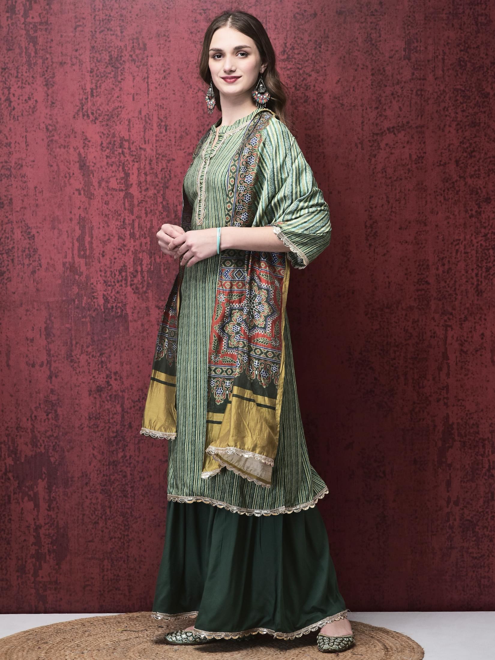 Women Liva (Rayon) Green Stripe Print Kurta Sharara Chanderi Dupatta.