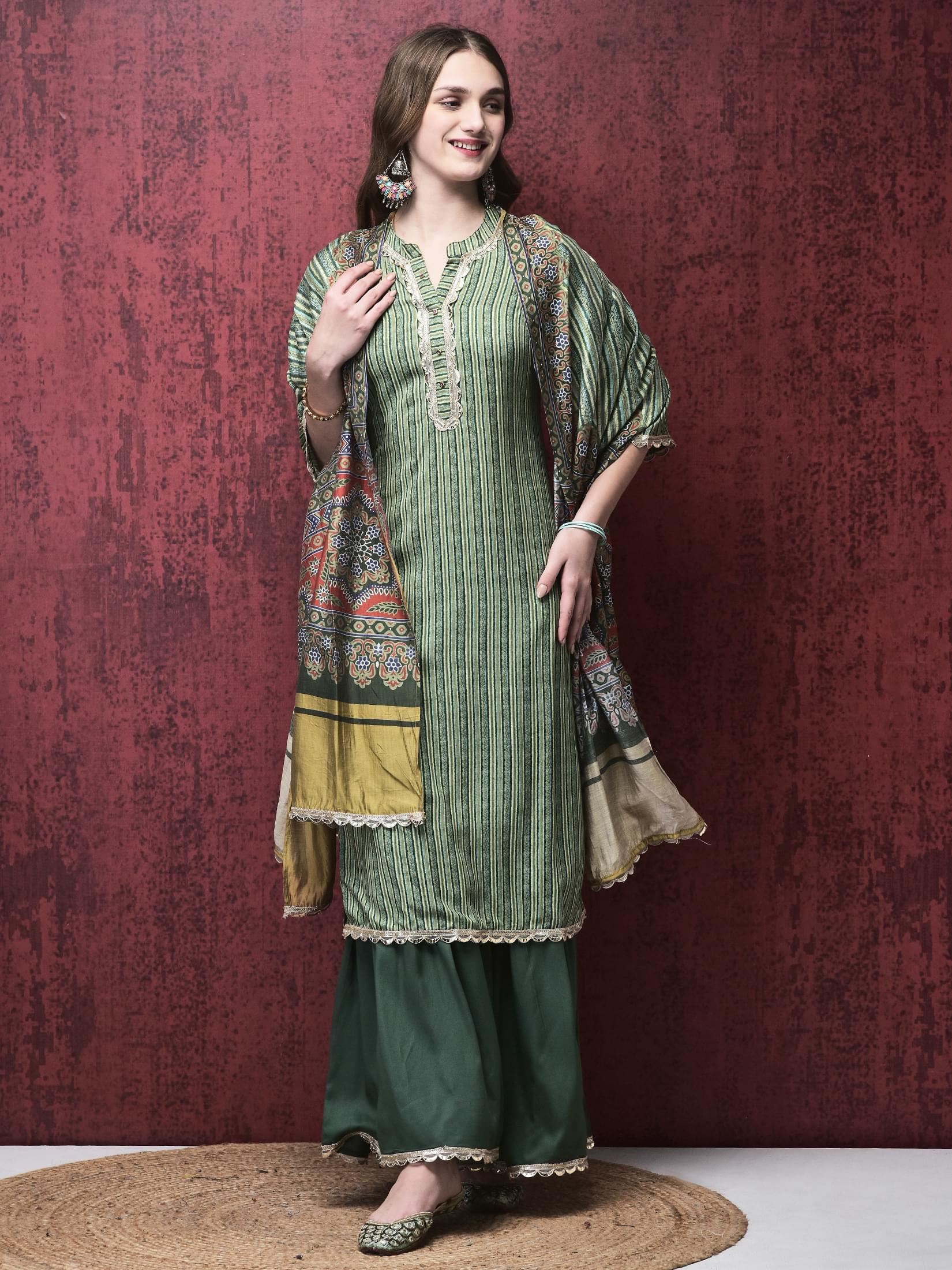 Grass green playful stripe print Liva rayon festive wear flared sharara suit byshree