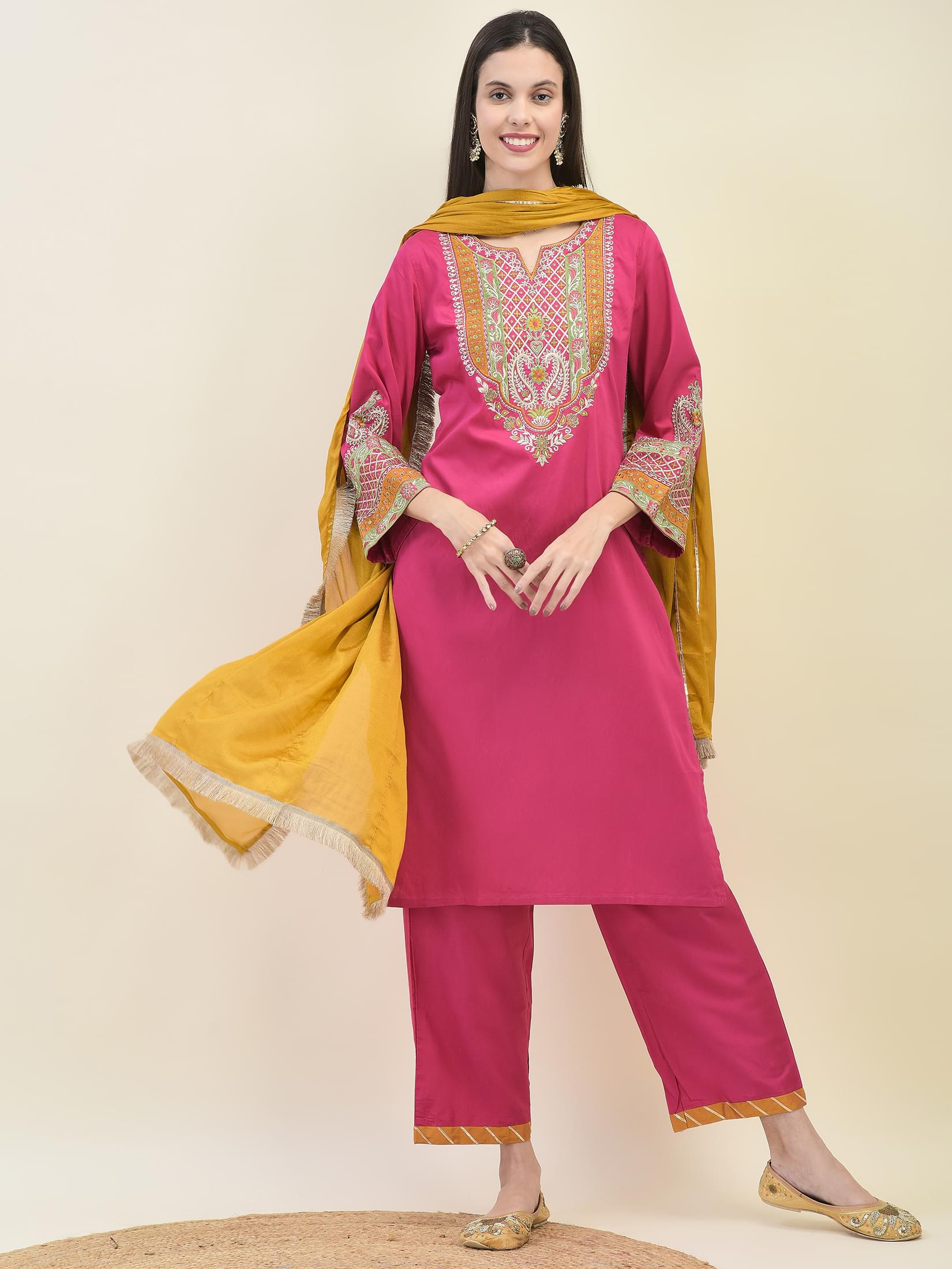 Women Poly Viscose Fuchsia Embroidered Kurta Comfort Pant Dupatta.